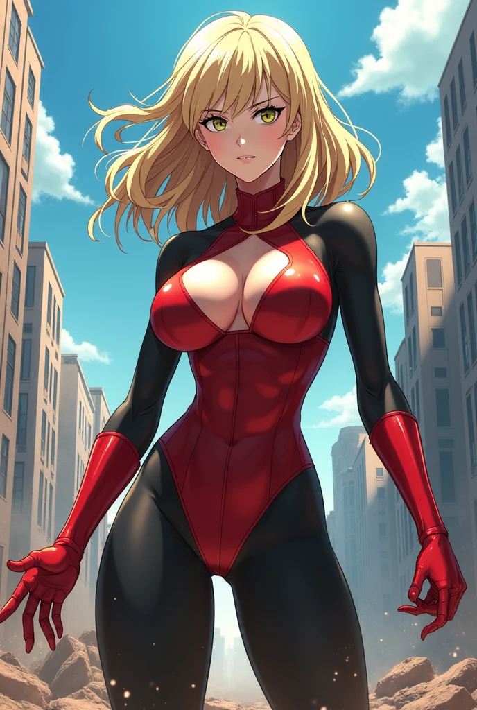 1girl,big breasts,standing in ruined city,(8k),scratches,detailed face,blond hair,red eyes,medium hair,embarassed,small smile face,high_res, high_definition,the battlefield,Heroic pose,dark suit,(symbiote spider man Custome:1.1),