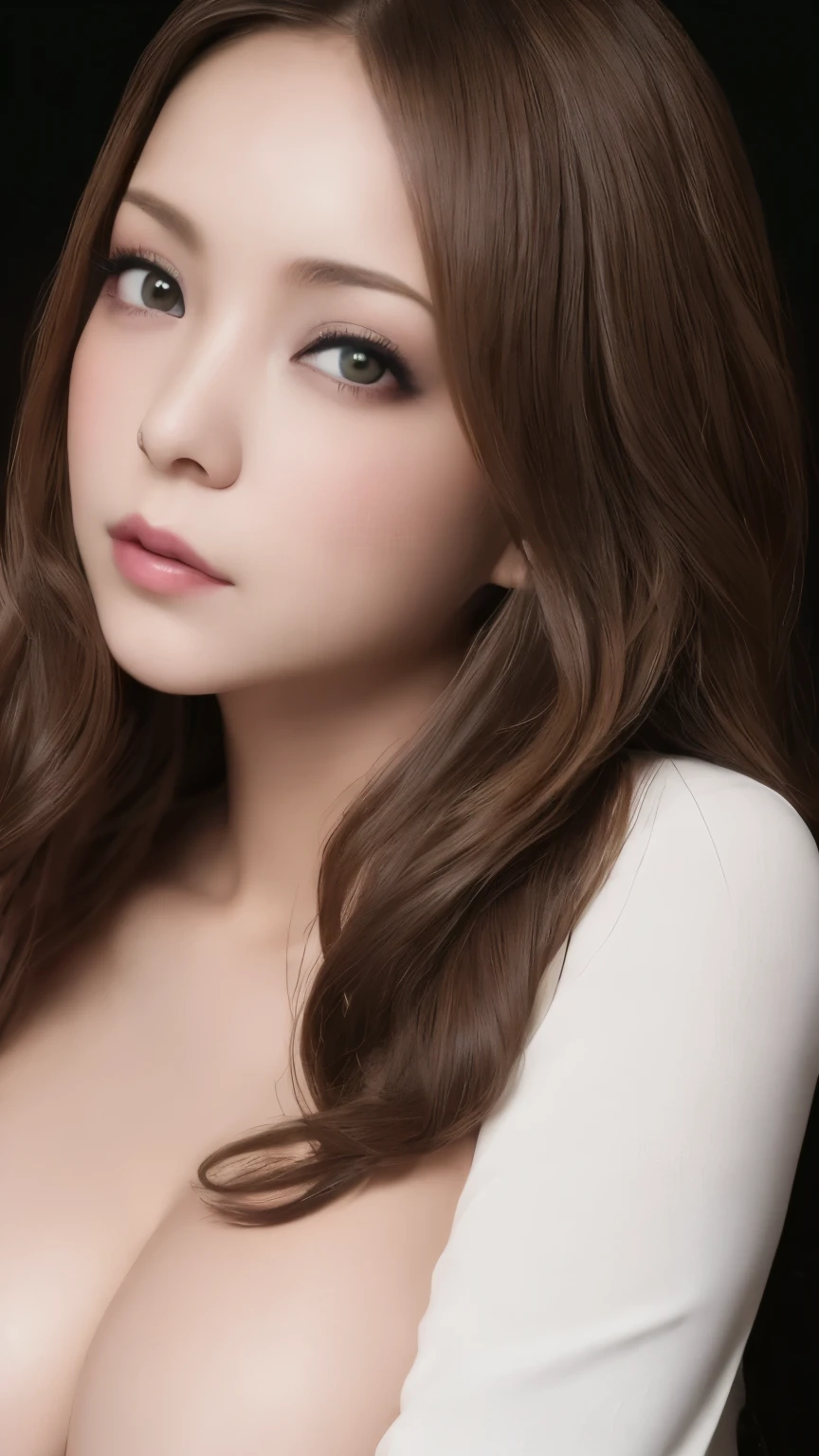 Tabletop、Close-up shot of face、(8k、RAW Photos、Best Quality、masterpiece: 1.2)、Gothic Makeup:1.4、Beautiful big brown eyes、Glowing White Skin、A very cute and very beautiful young woman、((Big Breasts:1.2))、sexy leather jacket、Luxury accessories、Blurred black background:1.5、Photo Studio、Cinema Lighting、Professional Photographer