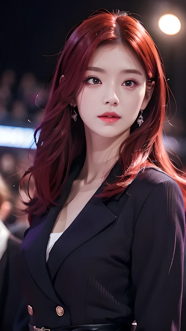 4K, 8K, masterpiece, , Upper body, 1 Girl, Looking at the audience, Red Hair, Medium Length Hair, Purple Eyes, Devil's Horns, Black coat, indoor, Dim lighting, The actress is 2, Open chest