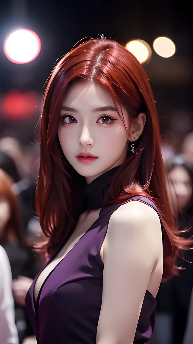 4K, 8K, masterpiece, , Upper body, 1 Girl, Looking at the audience, Red Hair, Medium Length Hair, Purple Eyes, Devil&#39;s Horns, Black coat, indoor, Dim lighting, The actress&#3 is 2, Open chest