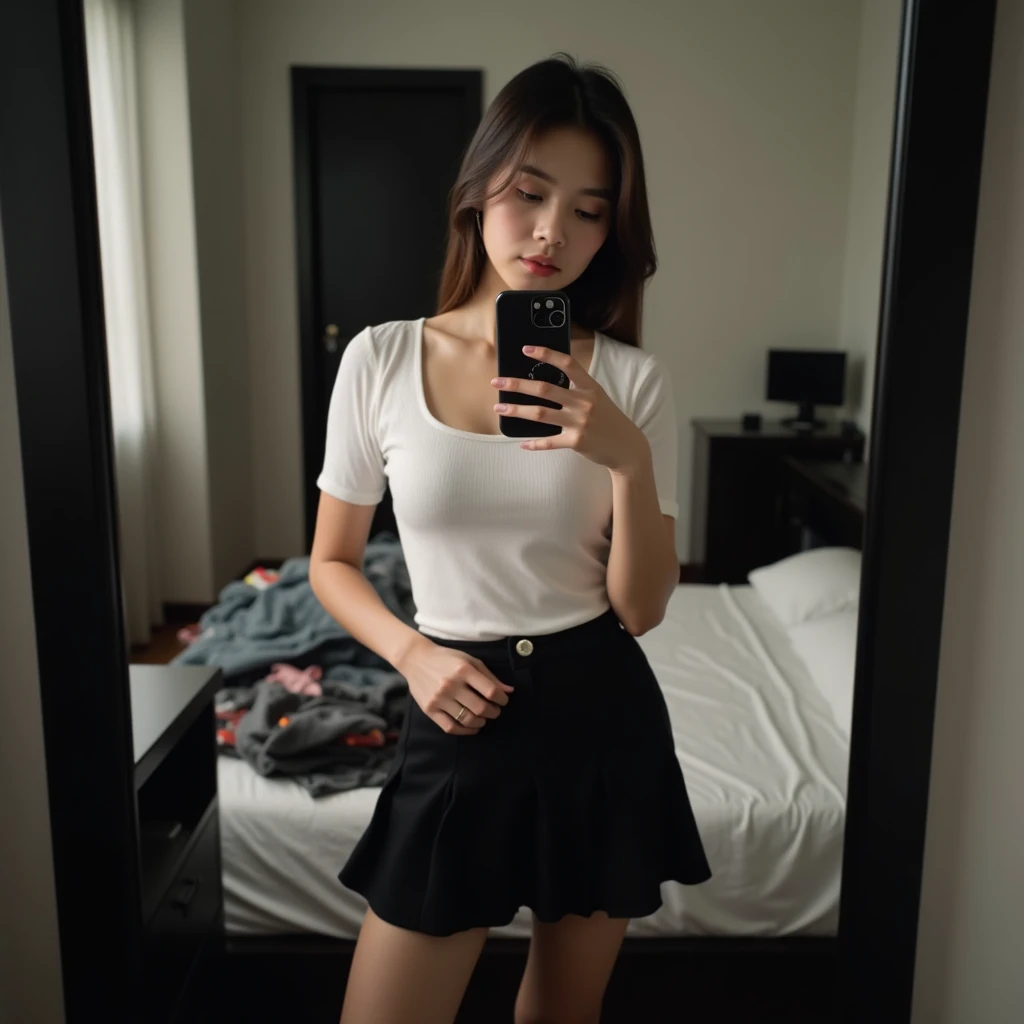 (photorealism:1.2), A 24 year old girl with straight black hair and a black blouse down to her belly and taking pictures of herself with a black phone and in a white room sitting on the edge of the bed and wearing black shorts, covering her face with the phone and having somewhat fat legs 