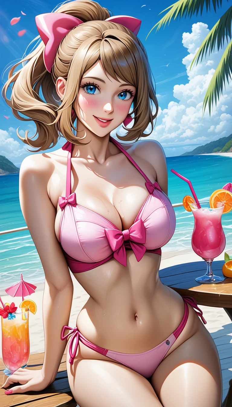 score_9, score_8_superior, score_7_superior, A masterpiece in 32K resolution,Highest quality,it is really amazing,Very detailed,Ultra-high resolution,Ultra-realistic,Realistic,Increased depth of field,Cinematic lighting,
1girl, serena_(pokemon), breasts, swimsuit, bikini, solo, blue_eyes, long_hair, pink_bikini, smile, navel, large_breasts, looking_at_viewer, beach, cleavage, ponytail, watermark, blush, outdoors, water, brown_hair, closed_mouth, bow, cup, drinking_glass, pink_bow, hair_bow, bangs, collarbone, table, light_brown_hair, ocean, web_address