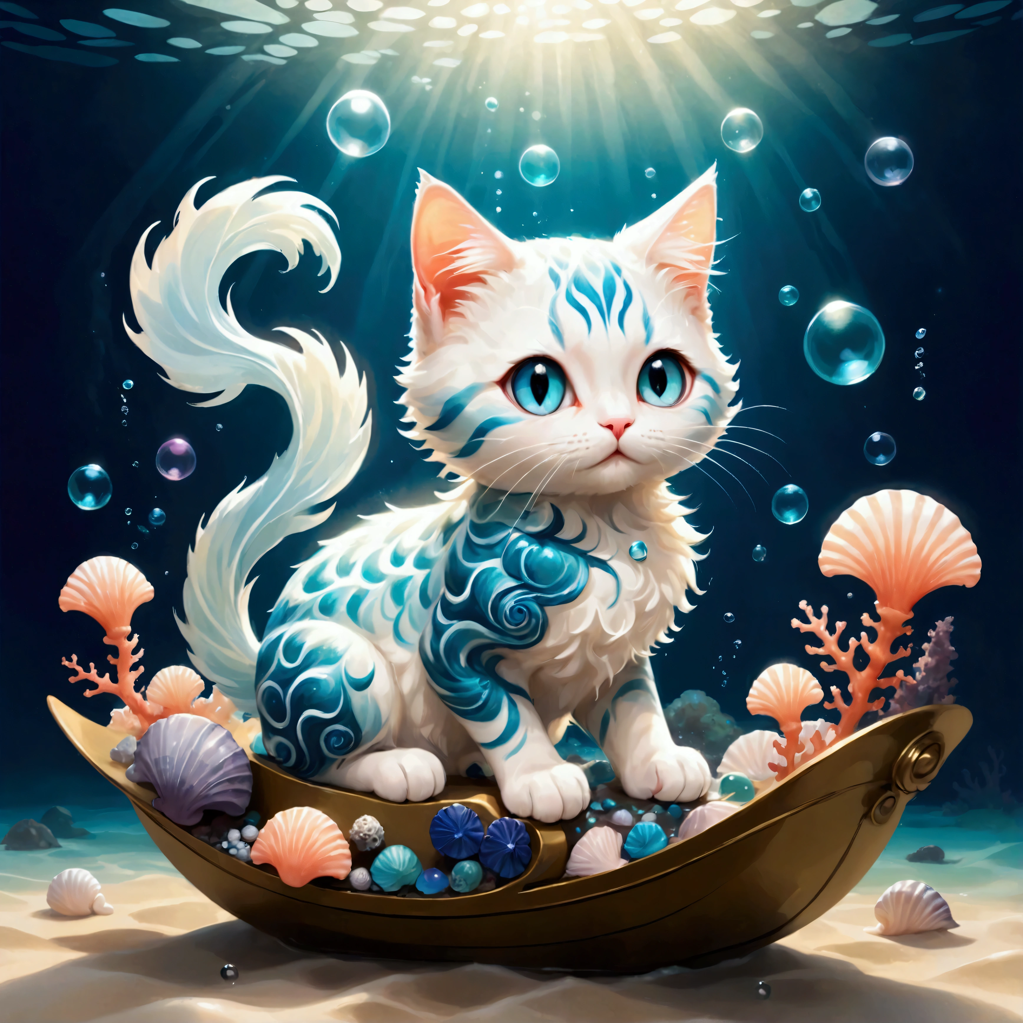 (A cute cat genie with a translucent blue body, resembling flowing water, floats gracefully in the air. Small seashells and coral adorn its ears and tail, and half of its body is made of soft, swirling mist. The cat’s eyes sparkle with playful mischief as it swirls around, creating magical art with bubbles and shimmering seafoam. The background is a dreamy, underwater world with soft light filtering through the water, highlighting the gentle waves and floating seaweed. The atmosphere is whimsical, magical, and serene, with glowing sea creatures adding a touch of mystery.: Cute World),Color pattern using gentle colors,(Ink drawing on Japanese paper,Bleeding easily),(Contemporary art like a picture book),(Transparent watercolor),(Light itself is expressed as reality),(Soft layer,rich colors),(Water-diluted paint colors),(deep,Delicate colors)