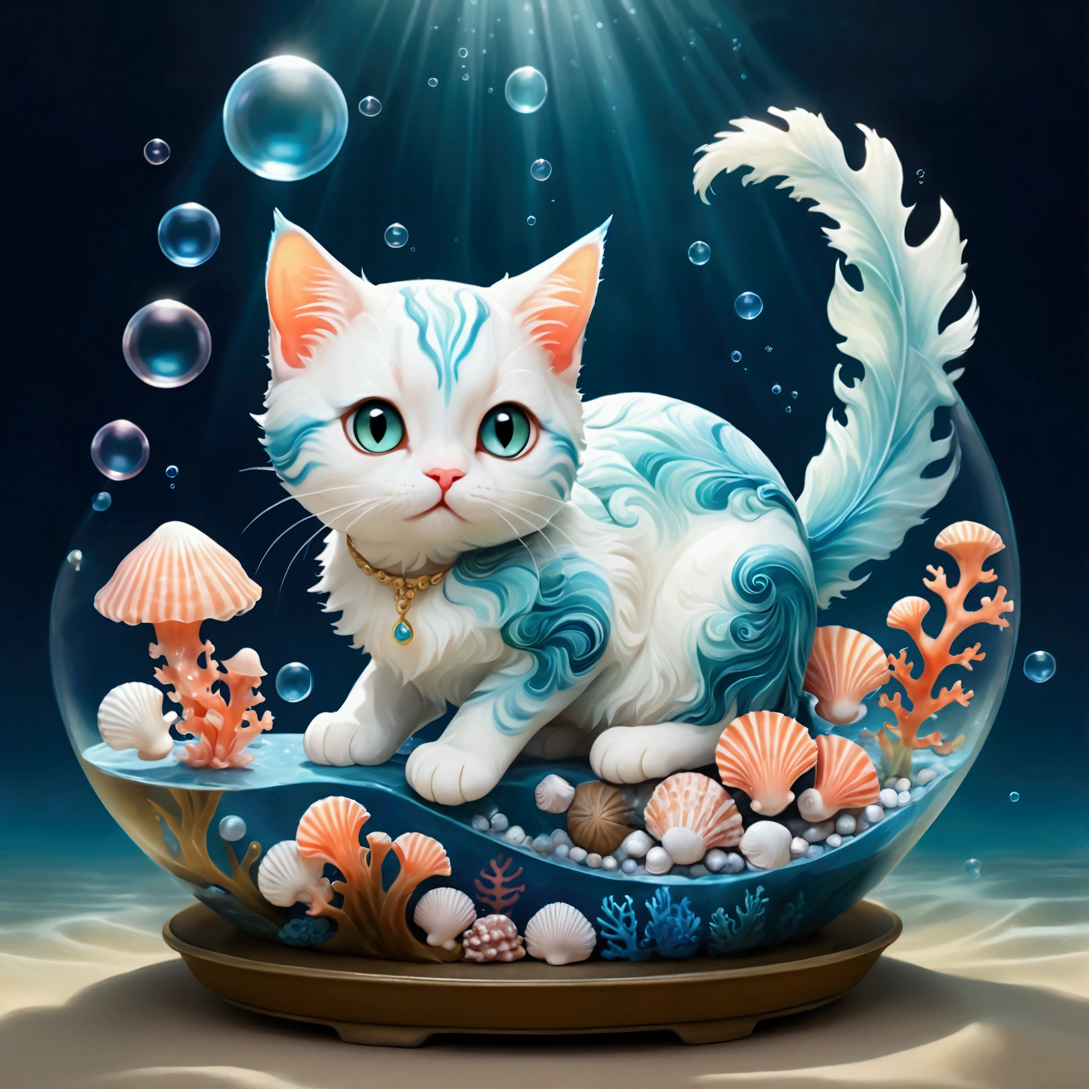 (A cute cat genie with a translucent blue body, resembling flowing water, floats gracefully in the air. Small seashells and coral adorn its ears and tail, and half of its body is made of soft, swirling mist. The cat’s eyes sparkle with playful mischief as it swirls around, creating magical art with bubbles and shimmering seafoam. The background is a dreamy, underwater world with soft light filtering through the water, highlighting the gentle waves and floating seaweed. The atmosphere is whimsical, magical, and serene, with glowing sea creatures adding a touch of mystery.: Cute World),Color pattern using gentle colors,(Ink drawing on Japanese paper,Bleeding easily),(Contemporary art like a picture book),(Transparent watercolor),(Light itself is expressed as reality),(Soft layer,rich colors),(Water-diluted paint colors),(deep,Delicate colors)