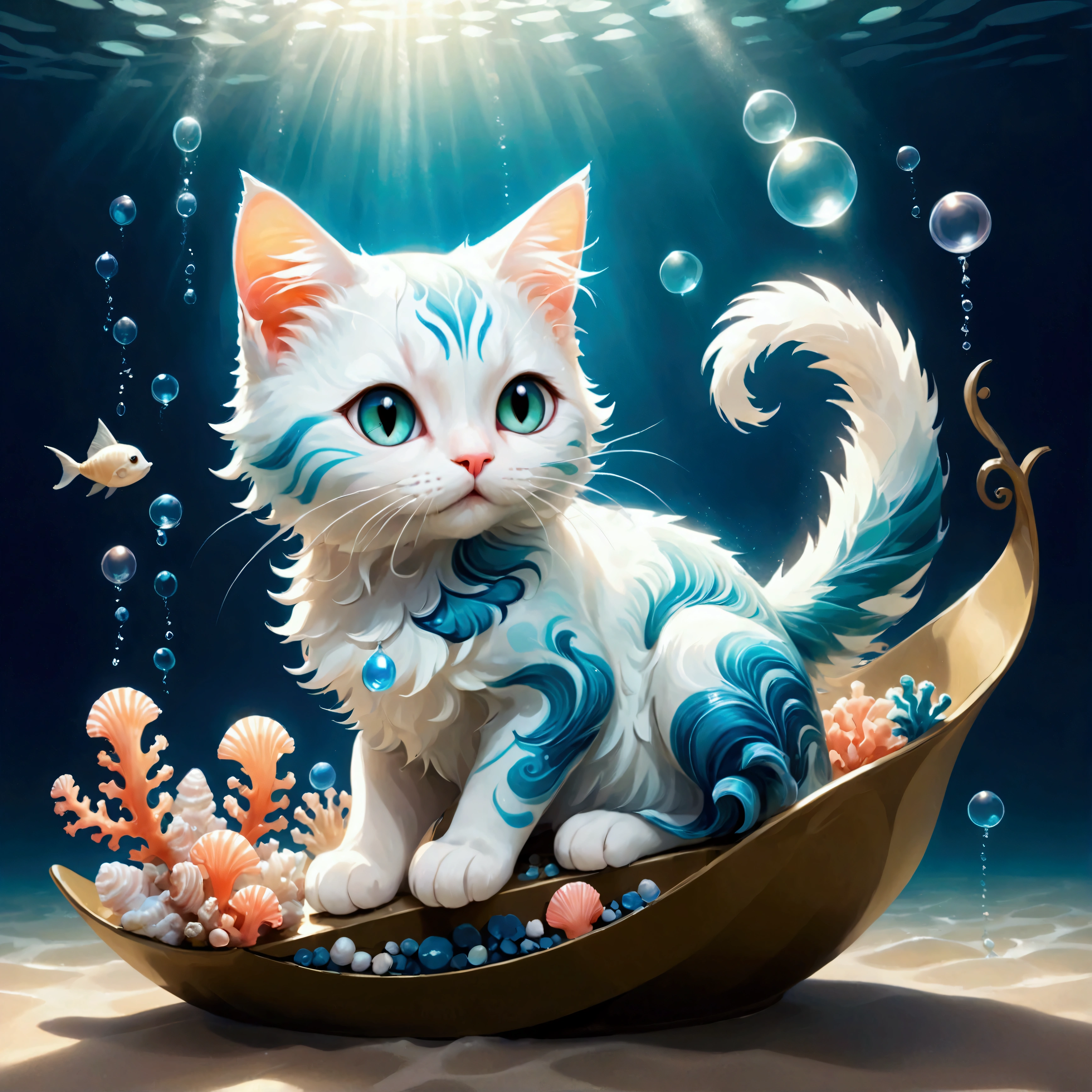 (A cute cat genie with a translucent blue body, resembling flowing water, floats gracefully in the air. Small seashells and coral adorn its ears and tail, and half of its body is made of soft, swirling mist. The cat’s eyes sparkle with playful mischief as it swirls around, creating magical art with bubbles and shimmering seafoam. The background is a dreamy, underwater world with soft light filtering through the water, highlighting the gentle waves and floating seaweed. The atmosphere is whimsical, magical, and serene, with glowing sea creatures adding a touch of mystery.: Cute World),Color pattern using gentle colors,(Ink drawing on Japanese paper,Bleeding easily),(Contemporary art like a picture book),(Transparent watercolor),(Light itself is expressed as reality),(Soft layer,rich colors),(Water-diluted paint colors),(deep,Delicate colors)