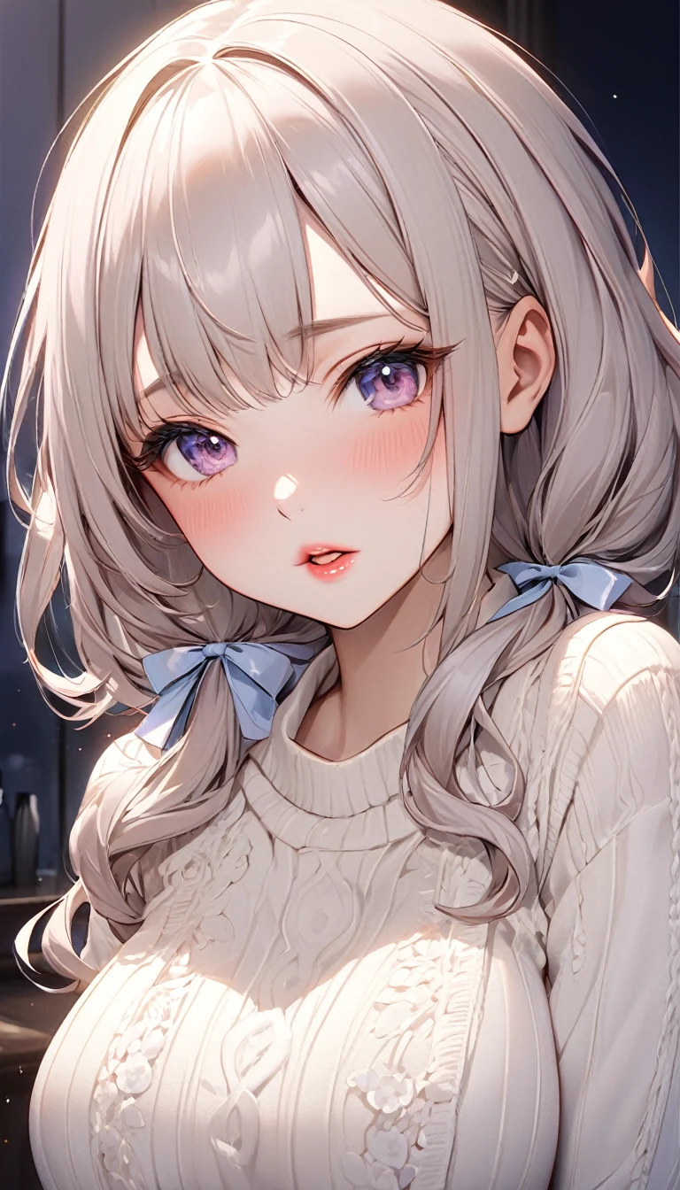 cute woman, amorous and lewd face, the best smiling, shining eyes, make-up, messy hair, great proportion, loose size cardigan, (ultra detailed, absolutely resolution, best quality:1.3), 2.5D, delicate and dynamic, shading effects, hyper realistic, artistic photography, glitter effects, foggy effects, iridescent soap bubble effects