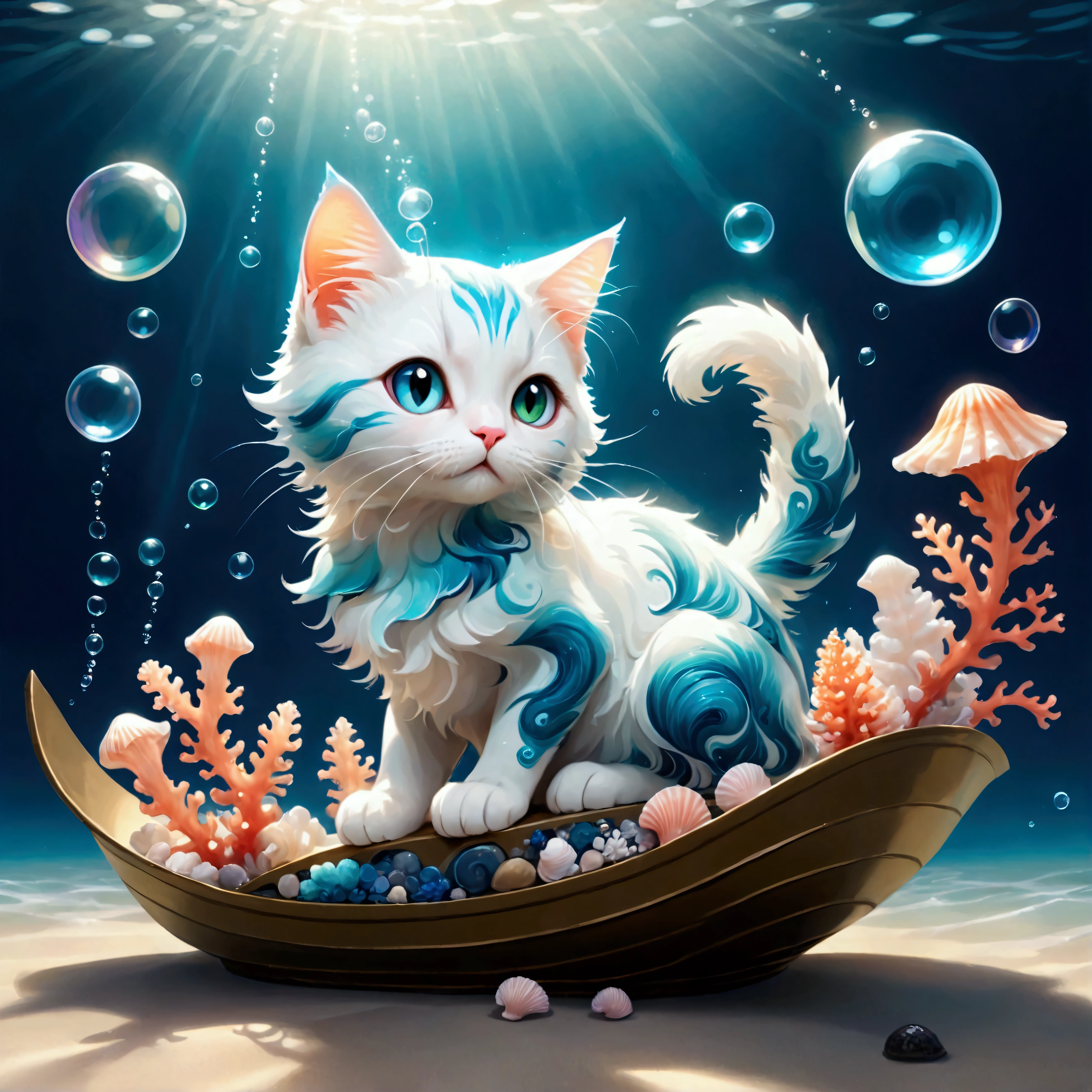 (A cute cat genie with a translucent blue body, resembling flowing water, floats gracefully in the air. Small seashells and coral adorn its ears and tail, and half of its body is made of soft, swirling mist. The cat’s eyes sparkle with playful mischief as it swirls around, creating magical art with bubbles and shimmering seafoam. The background is a dreamy, underwater world with soft light filtering through the water, highlighting the gentle waves and floating seaweed. The atmosphere is whimsical, magical, and serene, with glowing sea creatures adding a touch of mystery.: Cute World),Color pattern using gentle colors,(Ink drawing on Japanese paper,Bleeding easily),(Contemporary art like a picture book),(Transparent watercolor),(Light itself is expressed as reality),(Soft layer,rich colors),(Water-diluted paint colors),(deep,Delicate colors)