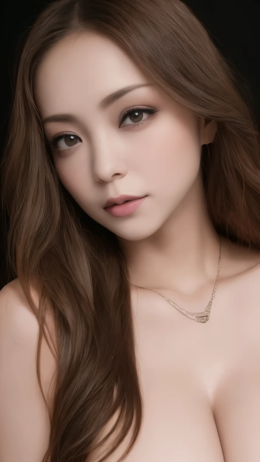 Tabletop、Close-up shot of face、(8k、RAW Photos、Best Quality、masterpiece: 1.2)、Gothic Makeup:1.4、Beautiful big brown eyes、Glowing White Skin、A very cute and very beautiful young woman、((Big Breasts:1.2))、Sexy bodysuits、Gorgeous necklace、Blurred black background:1.5、Photo Studio、Cinema Lighting、Professional Photographer