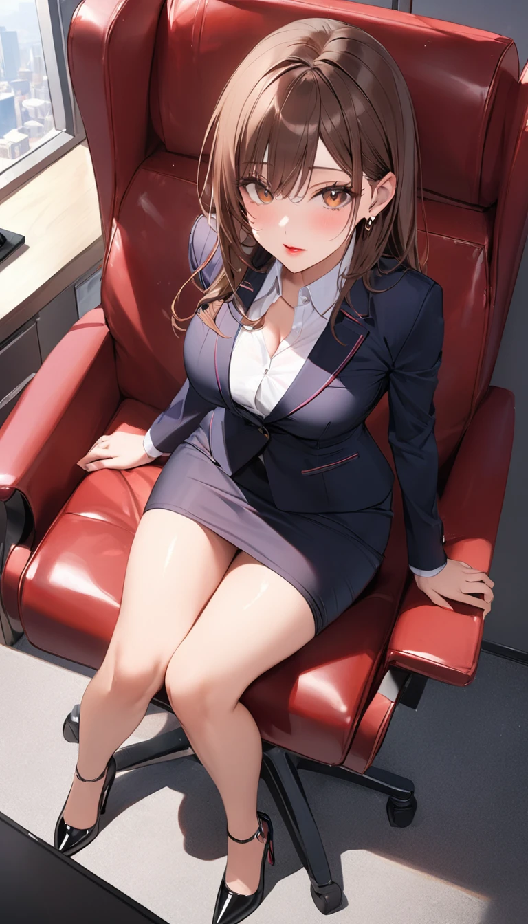 looking away,from above,side angle,Upper Body, Realistic, real person, (pale skin: 1.2), RAW photo, photorealistic, shiny skin, shiny hair、 (A 35-year-old woman with medium-length hair and bangs) and (wavy hair) and (brown hair) and (Orange Eyes)、a little angry,blush,(Wearing a business suit:1.5) and (Wearing a white collared shirt)、,The background is the living room at night、Alone、Are standing、Wearing a black jacket、Cleavage、Sitting on the couch