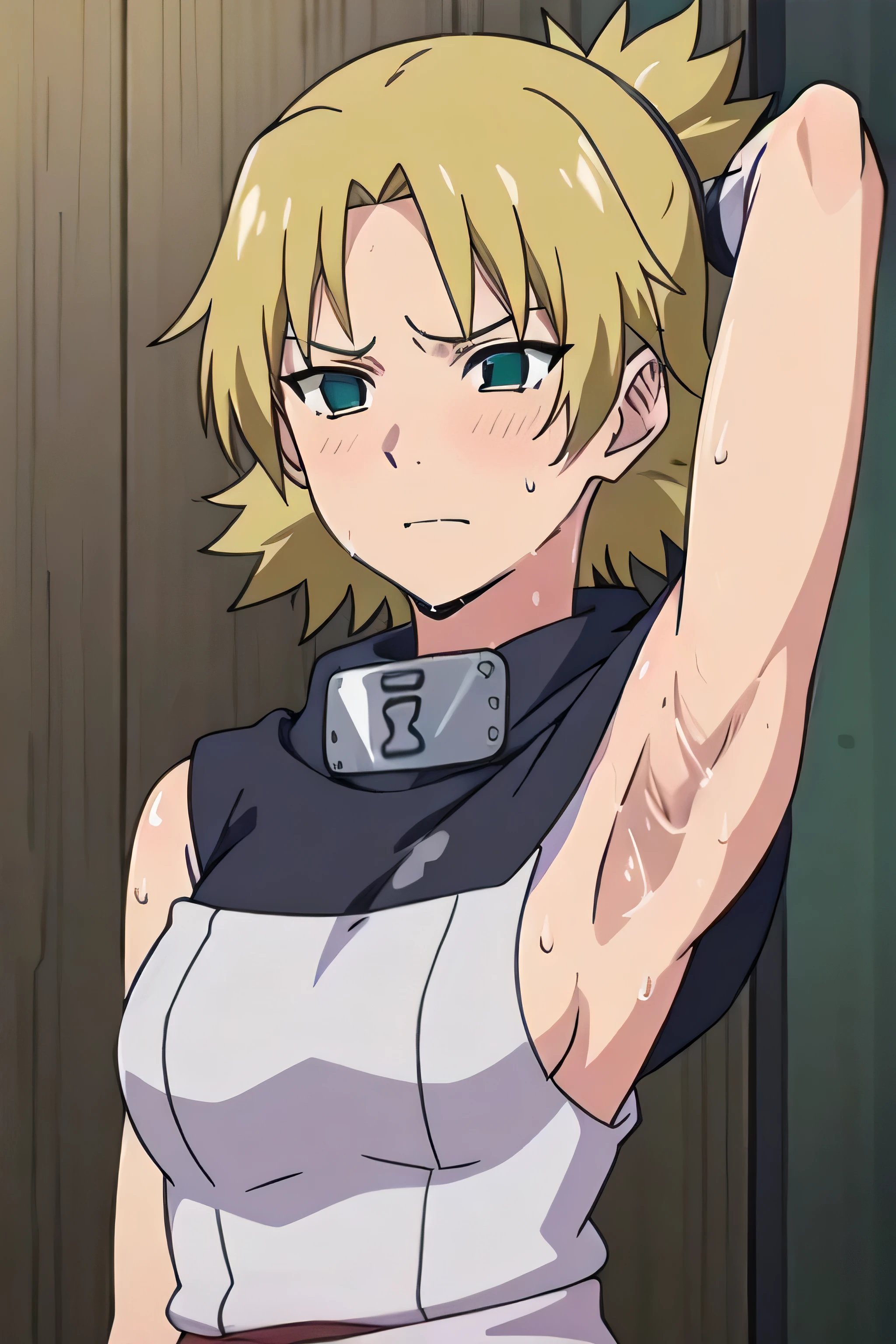 Temari,1girl, solo,armpits,wet armpits, showing wet armpits, armpit,armpits,sweat,sweaty,sweaty armpits,awesome armpits,tired,exhausted,arms up,blackish arm warmers,sleeveless