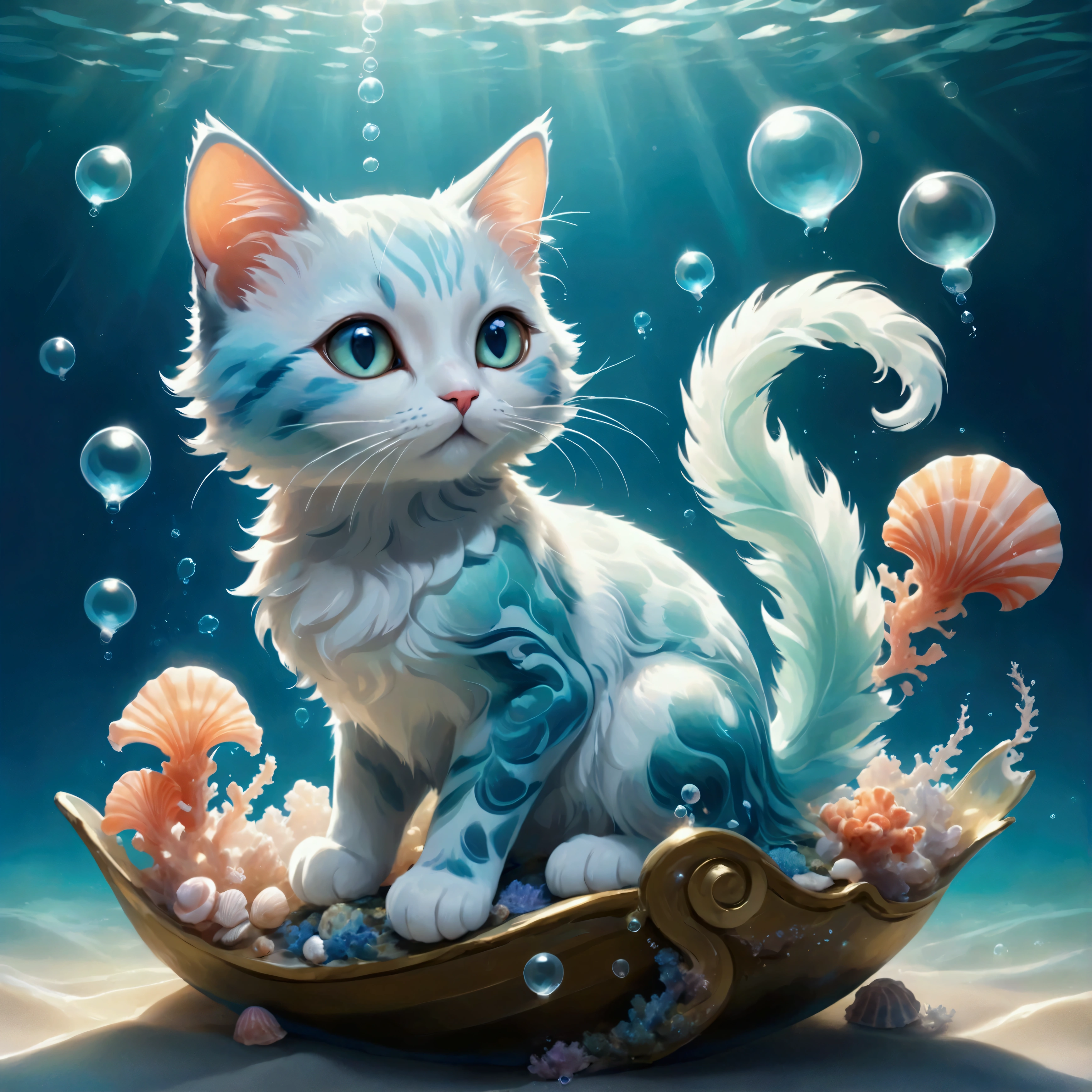 (A cute cat genie with a translucent blue body, resembling flowing water, floats gracefully in the air. Small seashells and coral adorn its ears and tail, and half of its body is made of soft, swirling mist. The cat’s eyes sparkle with playful mischief as it swirls around, creating magical art with bubbles and shimmering seafoam. The background is a dreamy, underwater world with soft light filtering through the water, highlighting the gentle waves and floating seaweed. The atmosphere is whimsical, magical, and serene, with glowing sea creatures adding a touch of mystery.: Cute World),Color pattern using gentle colors,(Ink drawing on Japanese paper,Bleeding easily),(Contemporary art like a picture book),(Transparent watercolor),(Light itself is expressed as reality),(Soft layer,rich colors),(Water-diluted paint colors),(deep,Delicate colors)