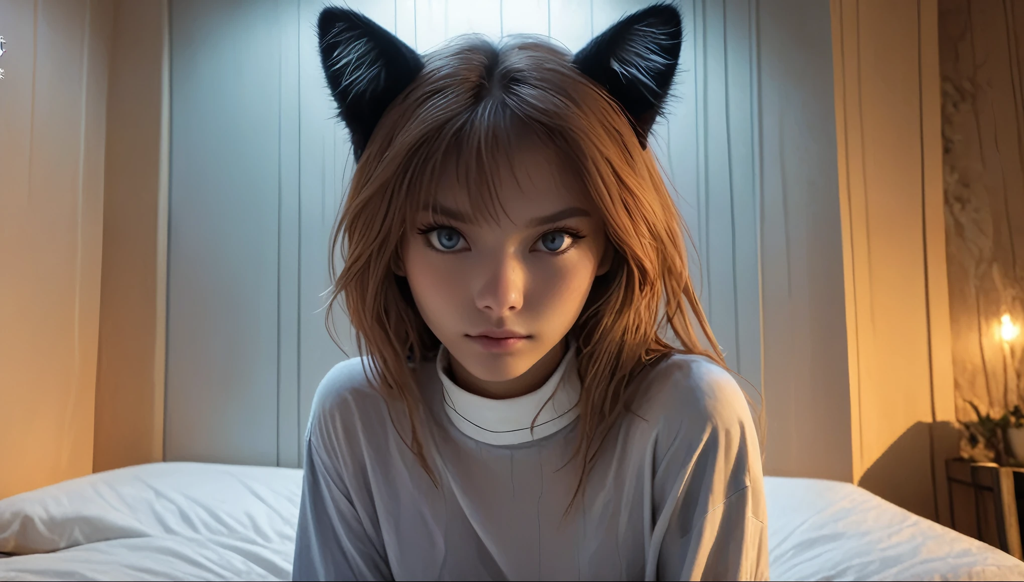(tmasterpiece, top-quality, Best quality, offcial art, Beautiful and beautiful:1.2), 1 busty girl, red hair clothing, Cat ears, (fault art), (Digital distortion), pixelated fragments, Corrupted data,color noise, visual chaos,contemporary aesthetics
