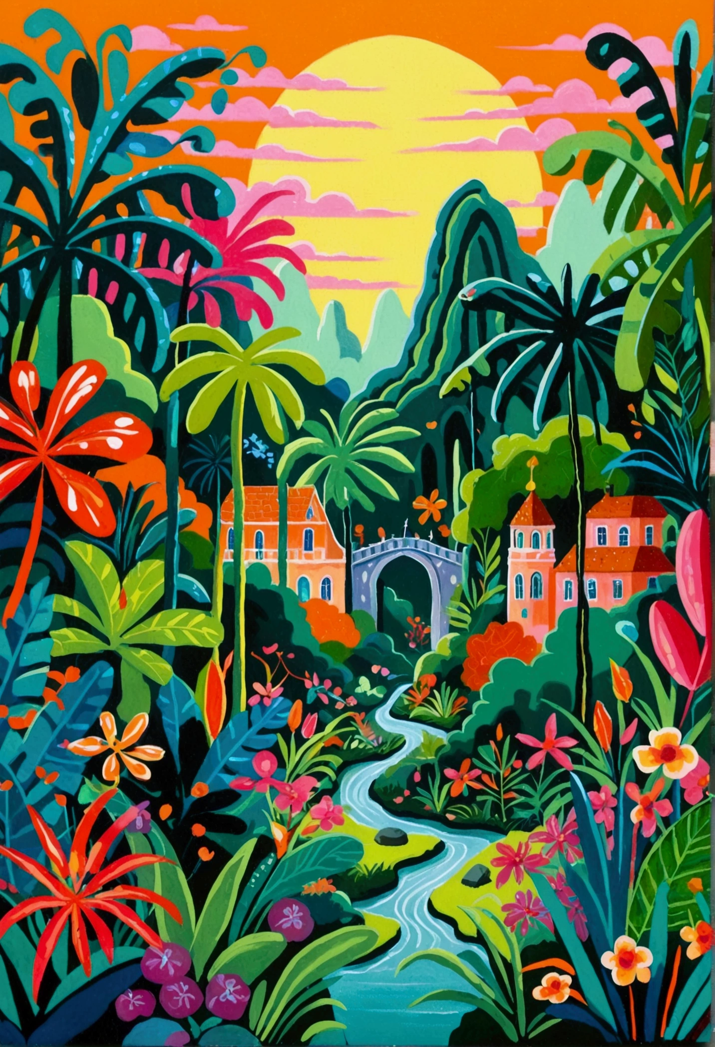 a painting of a colorful city surrounded by trees and plants, jane newland, colorful illustration, beautifully illustrated, colourful jungle, jen bartel, holy city | illustration, colorfull illustration, vibrant gouache painting scenery, detailed gouache paintings, colorful concept art, magical jungle, magical village, mysterious jungle painting, in gouache detailed paintings, vibrant tourism poster, dreamy illustration