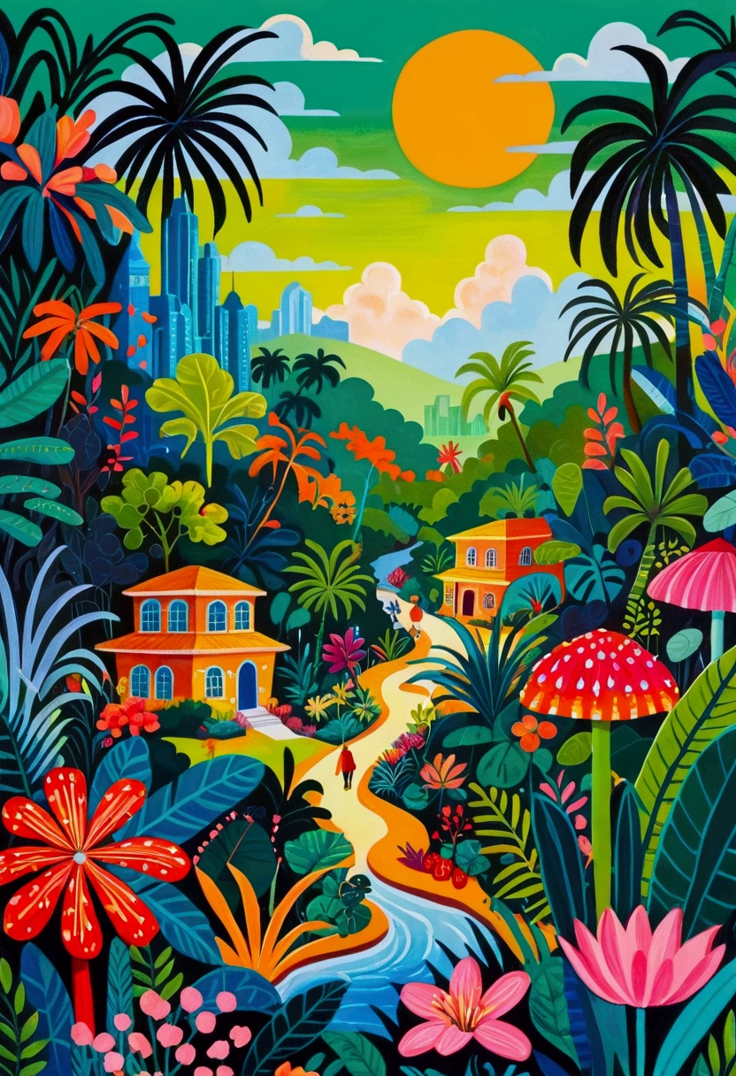 a painting of a colorful city surrounded by trees and plants, jane newland, colorful illustration, beautifully illustrated, colourful jungle, jen bartel, holy city | illustration, colorfull illustration, vibrant gouache painting scenery, detailed gouache paintings, colorful concept art, magical jungle, magical village, mysterious jungle painting, in gouache detailed paintings, vibrant tourism poster, dreamy illustration