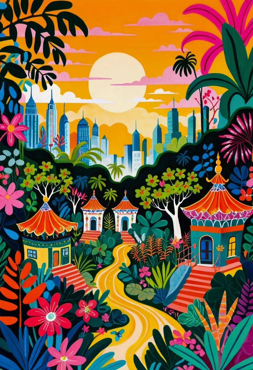 a painting of a colorful city surrounded by trees and plants, jane newland, colorful illustration, beautifully illustrated, colourful jungle, jen bartel, holy city | illustration, colorfull illustration, vibrant gouache painting scenery, detailed gouache paintings, colorful concept art, magical jungle, magical village, mysterious jungle painting, in gouache detailed paintings, vibrant tourism poster, dreamy illustration