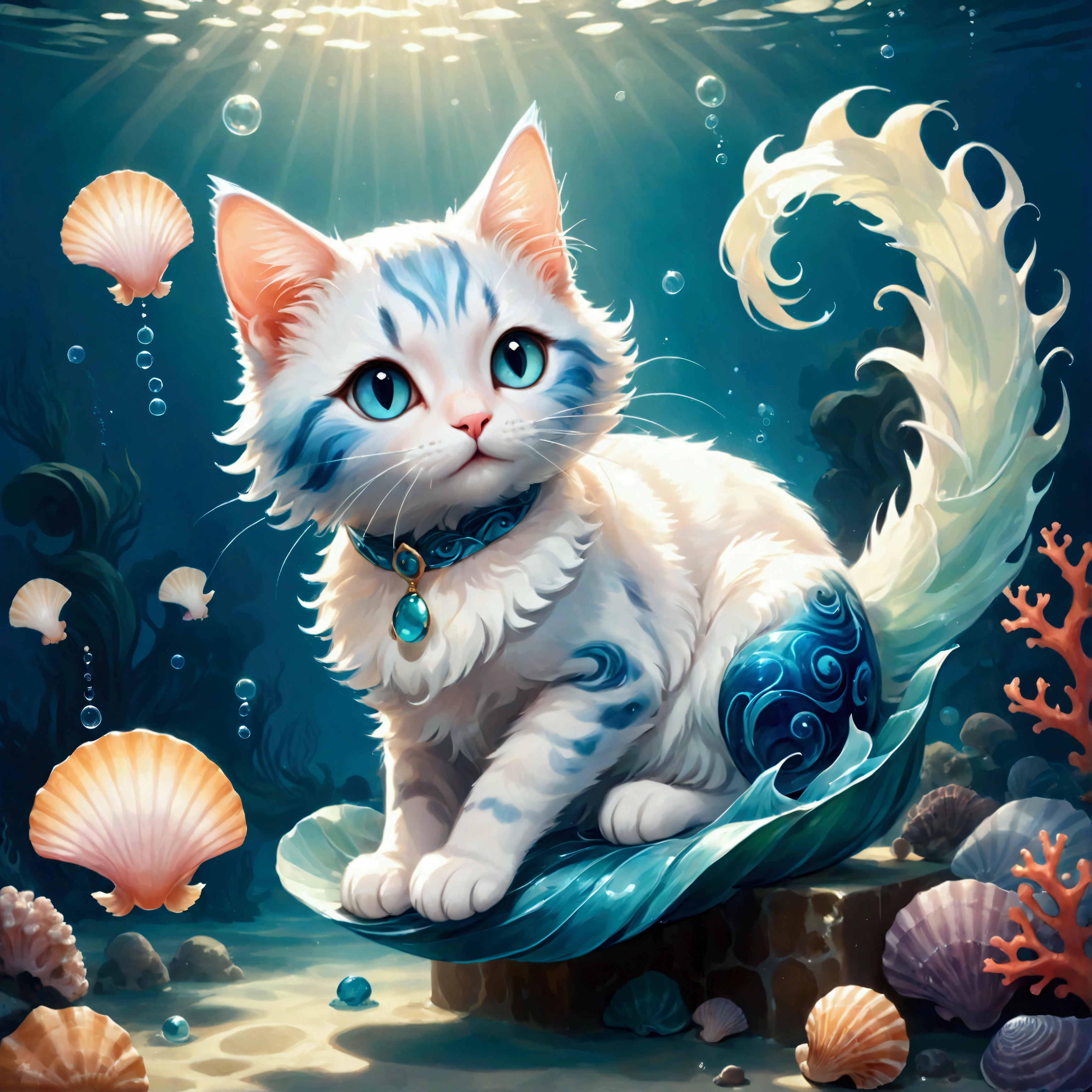 (A cute cat genie with a translucent blue body, resembling flowing water, floats gracefully in the air. Small seashells and coral adorn its ears and tail, and half of its body is made of soft, swirling mist. The cat’s eyes sparkle with playful mischief as it swirls around, creating magical art with bubbles and shimmering seafoam. The background is a dreamy, underwater world with soft light filtering through the water, highlighting the gentle waves and floating seaweed. The atmosphere is whimsical, magical, and serene, with glowing sea creatures adding a touch of mystery.: Cute World),Color pattern using gentle colors,(Ink drawing on Japanese paper,Bleeding easily),(Contemporary art like a picture book),(Transparent watercolor),(Light itself is expressed as reality),(Soft layer,rich colors),(Water-diluted paint colors),(deep,Delicate colors)