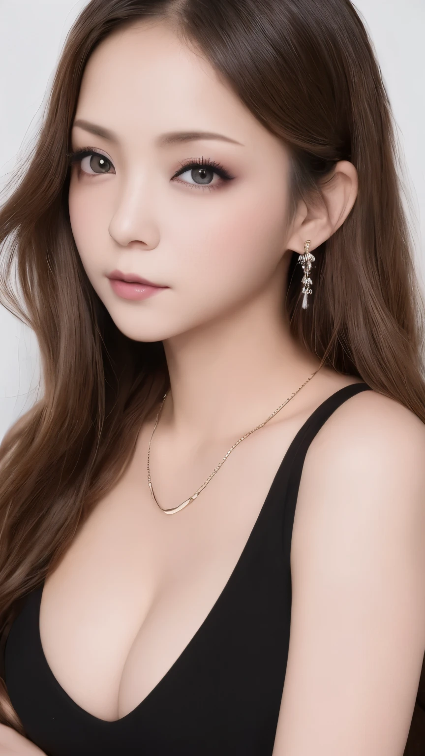 Tabletop、Close-up shot of face、(8k、RAW Photos、Best Quality、masterpiece: 1.2)、Gothic Makeup:1.4、Beautiful big brown eyes、Glowing White Skin、A very cute and very beautiful young woman、((Big Breasts:1.2))、Sexy bodysuits、Gorgeous necklace、Blurred black background:1.5、Photo Studio、Cinema Lighting、Professional Photographer