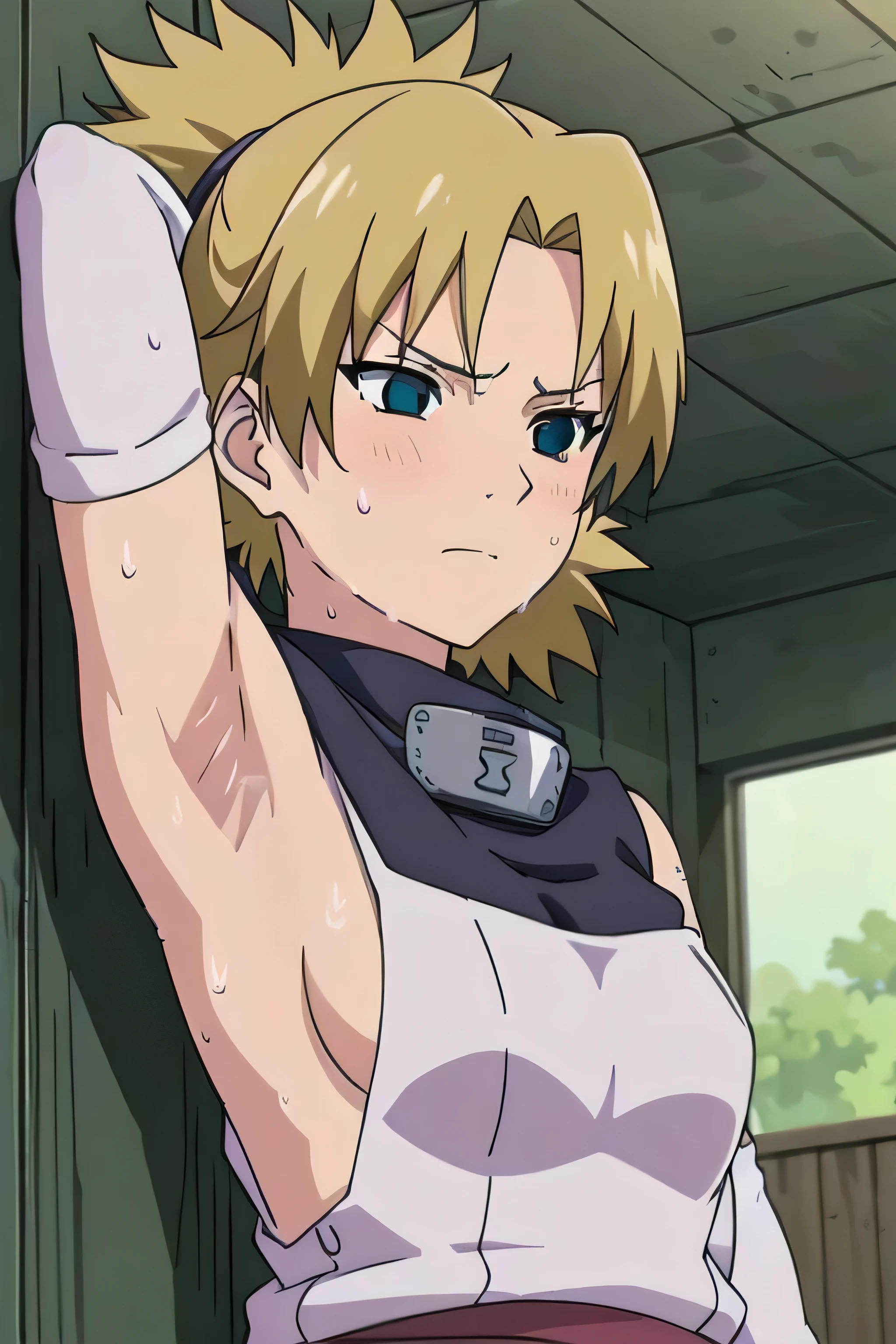 Temari,1girl, solo,armpits,wet armpits, showing wet armpits, armpit,armpits,sweat,sweaty,sweaty armpits,awesome armpits,tired,exhausted,arms up,blackish arm warmers,sleeveless