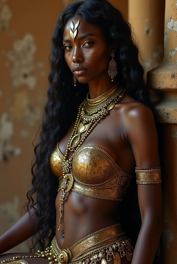 Very young serious fully naked  very black slave girl with enormous breasts golden jewellery with her legs spread and exposed vagina 