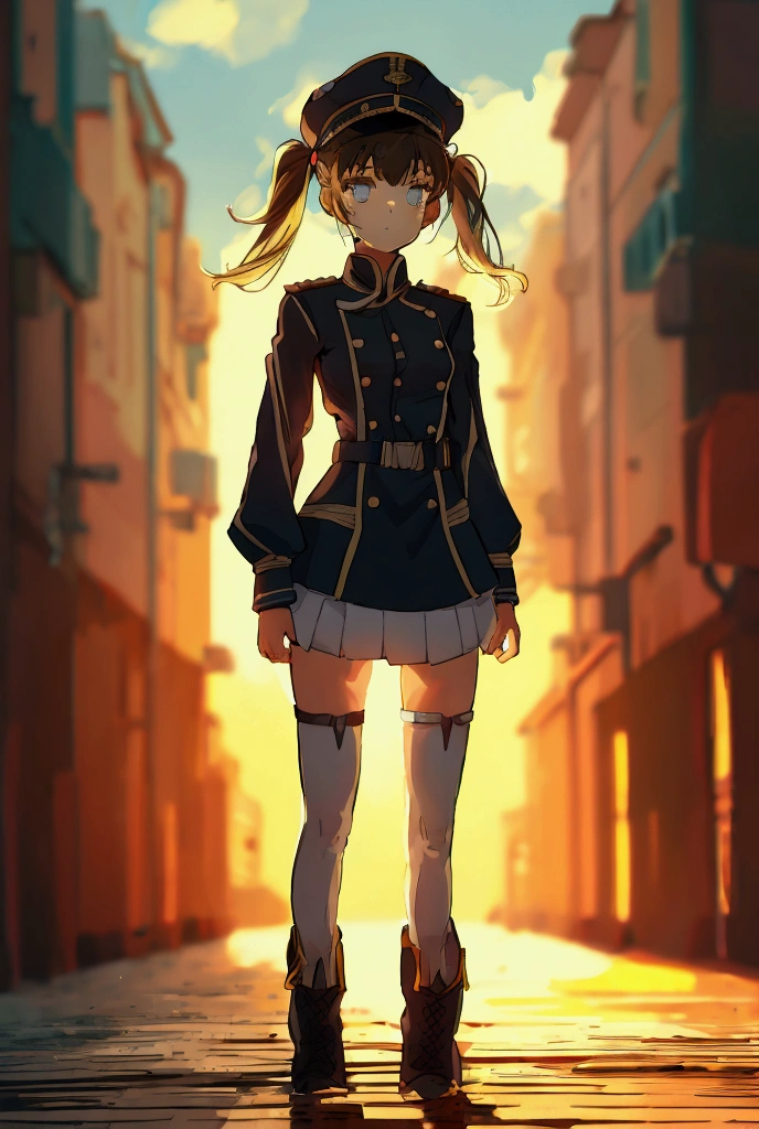 A full-body character sheet of a girl with twin-tails, standing symmetrically and facing directly forward. She is wearing a military uniform with precise detailing, including a jacket, skirt, and boots. The style is anime-inspired with a focus on clean lines. The background is simple and minimalistic, designed to emphasize the character. The overall composition is balanced, with a clear view of the entire figure from head to toe.