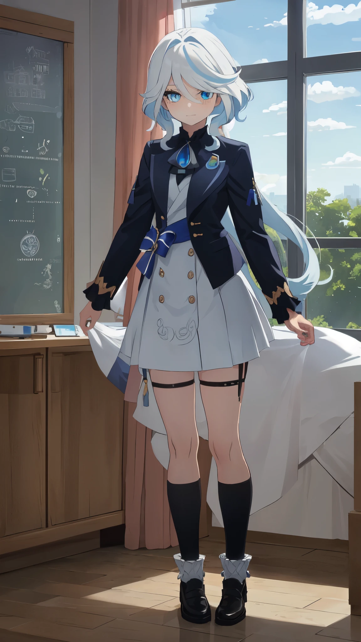 Forrina,1 Girl,Solitary,Long hair,Ahog,Blue Eyes,White hair,Blue Hair,Bangs,(Heterochromia:1.2),
(School Uniform, Black knee-high socks:1.2),
A faint smile,Anime screen,HDR,absurd,
1 Girl,
,  (masterpiece,:1.2),absurd