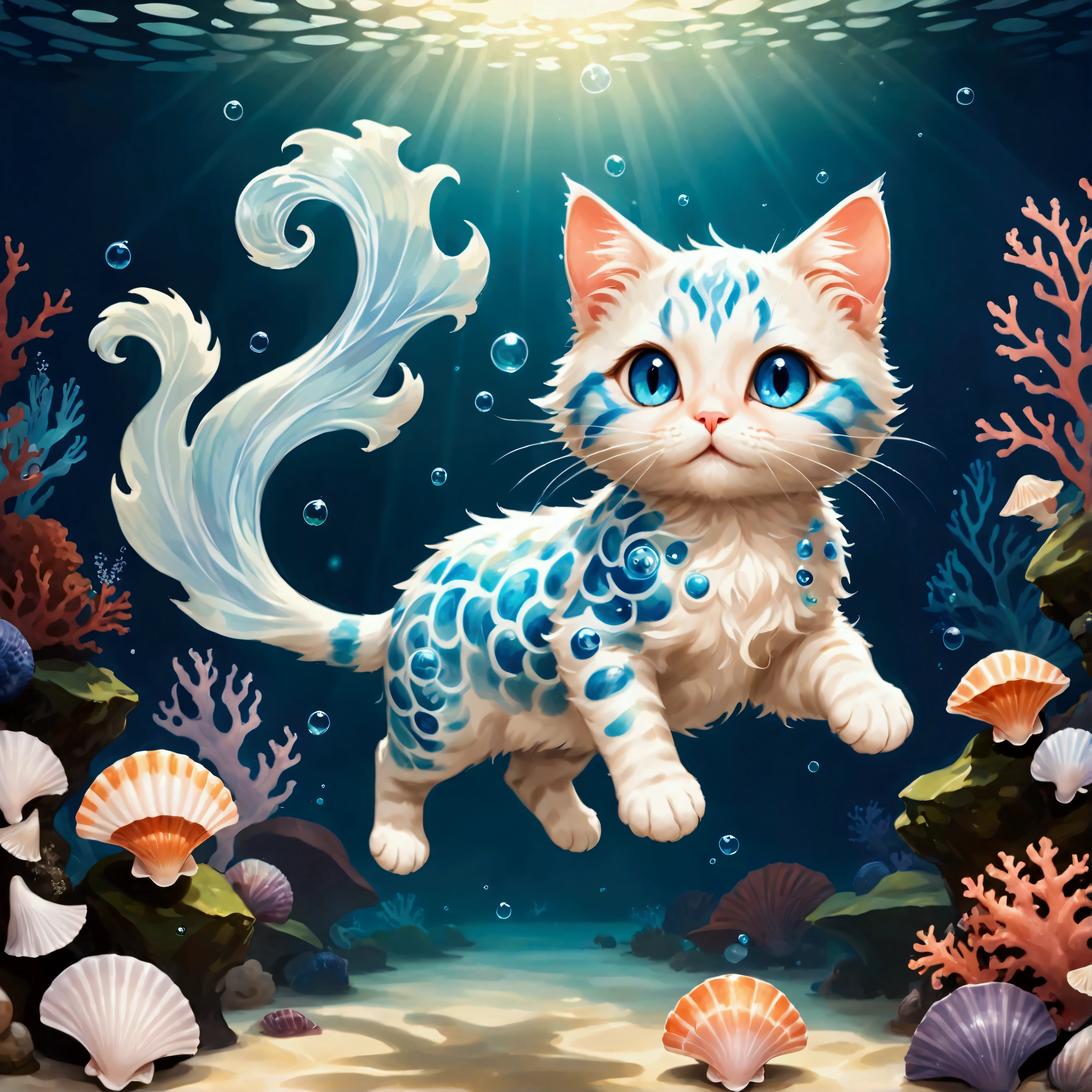 (A cute cat genie with a translucent blue body, resembling flowing water, floats gracefully in the air. Small seashells and coral adorn its ears and tail, and half of its body is made of soft, swirling mist. The cat’s eyes sparkle with playful mischief as it swirls around, creating magical art with bubbles and shimmering seafoam. The background is a dreamy, underwater world with soft light filtering through the water, highlighting the gentle waves and floating seaweed. The atmosphere is whimsical, magical, and serene, with glowing sea creatures adding a touch of mystery.: Cute World),Color pattern using gentle colors,(Ink drawing on Japanese paper,Bleeding easily),(Contemporary art like a picture book),(Transparent watercolor),(Light itself is expressed as reality),(Soft layer,rich colors),(Water-diluted paint colors),(deep,Delicate colors)