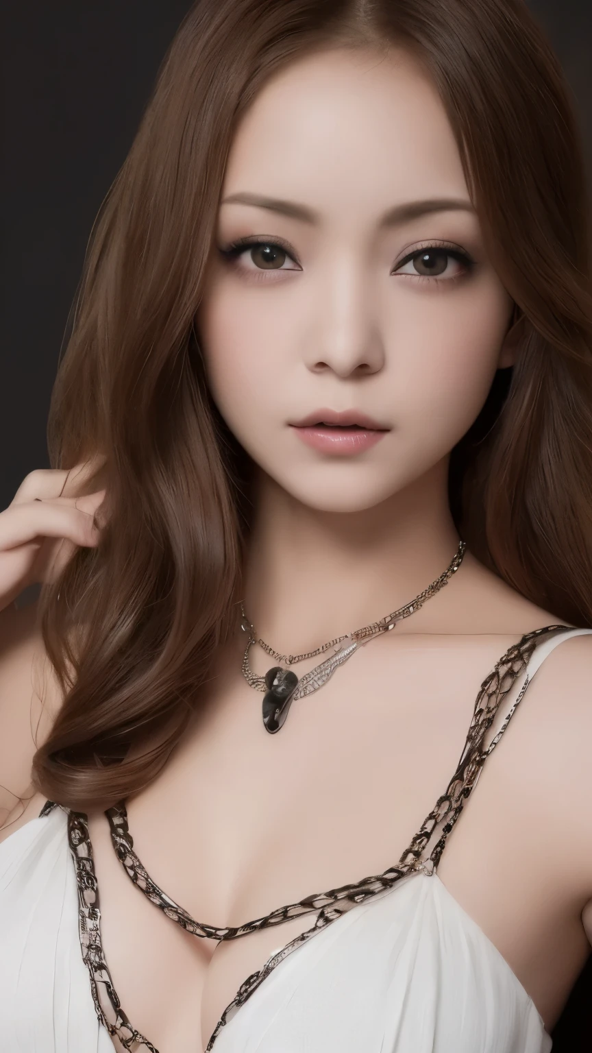 Tabletop、Close-up shot of face、(8k、RAW Photos、Best Quality、masterpiece: 1.2)、Gothic Makeup:1.4、Beautiful big brown eyes、Glowing White Skin、A very cute and very beautiful young woman、((Big Breasts:1.2))、Sexy Dress、Gorgeous necklace、Blurred black background:1.5、Photo Studio、Cinema Lighting、Professional Photographer