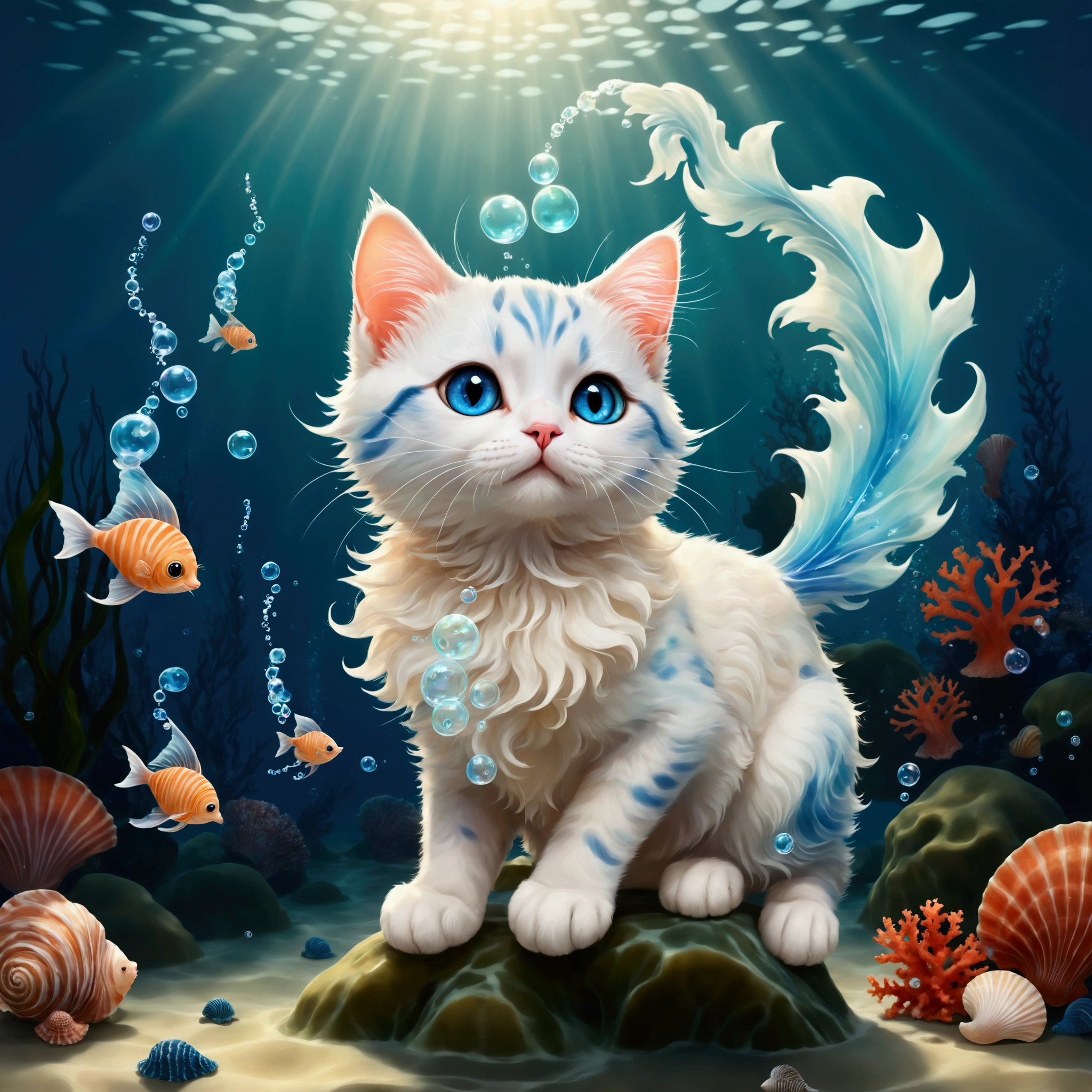 (A cute cat genie with a translucent blue body, resembling flowing water, floats gracefully in the air. Small seashells and coral adorn its ears and tail, and half of its body is made of soft, swirling mist. The cat’s eyes sparkle with playful mischief as it swirls around, creating magical art with bubbles and shimmering seafoam. The background is a dreamy, underwater world with soft light filtering through the water, highlighting the gentle waves and floating seaweed. The atmosphere is whimsical, magical, and serene, with glowing sea creatures adding a touch of mystery.: Cute World),Color pattern using gentle colors,(Ink drawing on Japanese paper,Bleeding easily),(Contemporary art like a picture book),(Transparent watercolor),(Light itself is expressed as reality),(Soft layer,rich colors),(Water-diluted paint colors),(deep,Delicate colors)