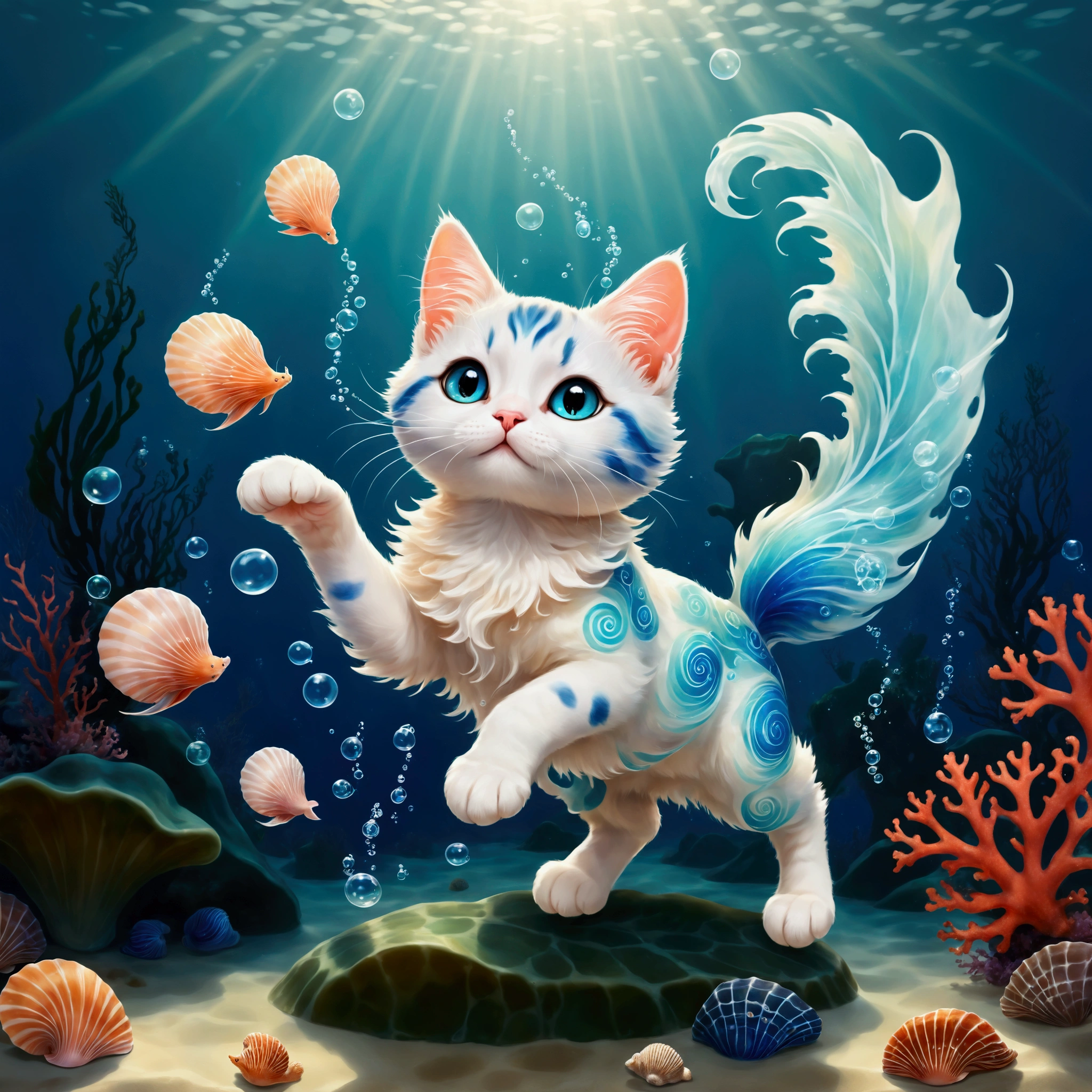 (A cute cat genie with a translucent blue body, resembling flowing water, floats gracefully in the air. Small seashells and coral adorn its ears and tail, and half of its body is made of soft, swirling mist. The cat’s eyes sparkle with playful mischief as it swirls around, creating magical art with bubbles and shimmering seafoam. The background is a dreamy, underwater world with soft light filtering through the water, highlighting the gentle waves and floating seaweed. The atmosphere is whimsical, magical, and serene, with glowing sea creatures adding a touch of mystery.: Cute World),Color pattern using gentle colors,(Ink drawing on Japanese paper,Bleeding easily),(Contemporary art like a picture book),(Transparent watercolor),(Light itself is expressed as reality),(Soft layer,rich colors),(Water-diluted paint colors),(deep,Delicate colors)