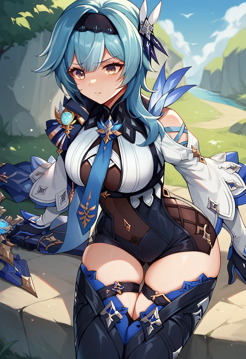 top-quality　Top image quality　eula_(Genshin_impactful), Shiny ice blue hair　Medium hair, Hairy hair　Black Hair Band, Brown eyes, Blue Cape, Black_gloves, blue tie, white_The shirt　Sexy shirt with open back　, Black_Shorts, Black_thighs thighs thighs thighs, puffies_sleeves, long_sleeves　Black long boots　Light blue little cloak　　daytime　Beautiful lawn　earth　The whole body shifts　randome pose