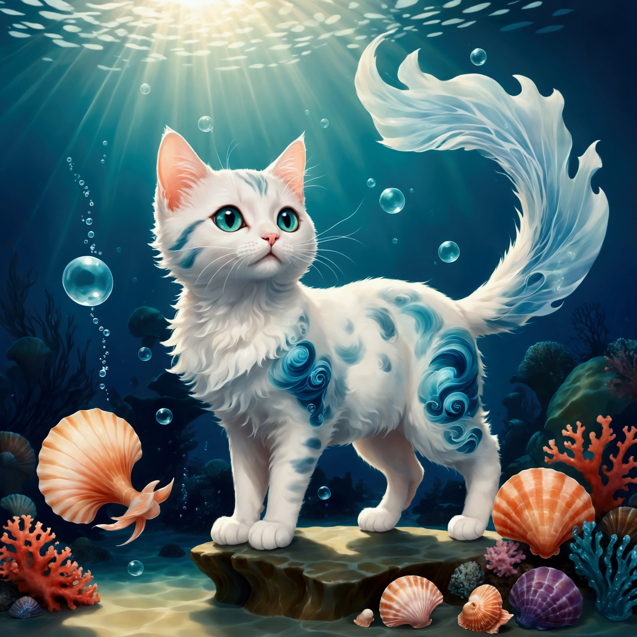 (A cute cat genie with a translucent blue body, resembling flowing water, floats gracefully in the air. Small seashells and coral adorn its ears and tail, and half of its body is made of soft, swirling mist. The cat’s eyes sparkle with playful mischief as it swirls around, creating magical art with bubbles and shimmering seafoam. The background is a dreamy, underwater world with soft light filtering through the water, highlighting the gentle waves and floating seaweed. The atmosphere is whimsical, magical, and serene, with glowing sea creatures adding a touch of mystery.: Cute World),Color pattern using gentle colors,(Ink drawing on Japanese paper,Bleeding easily),(Contemporary art like a picture book),(Transparent watercolor),(Light itself is expressed as reality),(Soft layer,rich colors),(Water-diluted paint colors),(deep,Delicate colors)