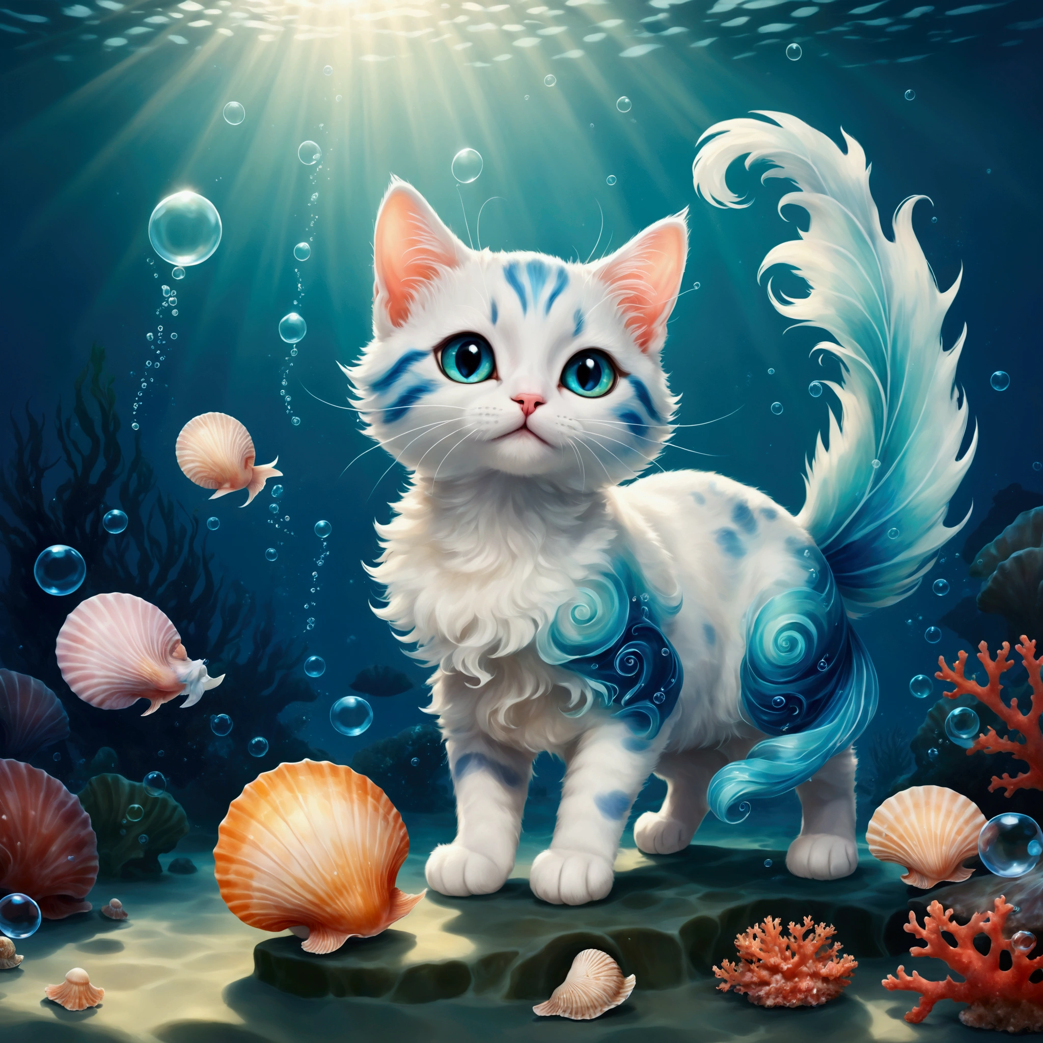 (A cute cat genie with a translucent blue body, resembling flowing water, floats gracefully in the air. Small seashells and coral adorn its ears and tail, and half of its body is made of soft, swirling mist. The cat’s eyes sparkle with playful mischief as it swirls around, creating magical art with bubbles and shimmering seafoam. The background is a dreamy, underwater world with soft light filtering through the water, highlighting the gentle waves and floating seaweed. The atmosphere is whimsical, magical, and serene, with glowing sea creatures adding a touch of mystery.: Cute World),Color pattern using gentle colors,(Ink drawing on Japanese paper,Bleeding easily),(Contemporary art like a picture book),(Transparent watercolor),(Light itself is expressed as reality),(Soft layer,rich colors),(Water-diluted paint colors),(deep,Delicate colors)