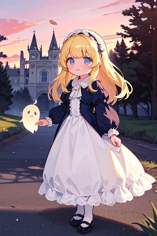 Virginia Otis,Very young ，1 person， (blonde, blue eyes), thin, Cute Face, An evening stroll at Canterville Castle (novel「The Canterville Ghost」Inspired by). 1887, Victorian Dark Fantasy，dusk，Beautiful sunset，Accurate and detailed female fingers，Try on your mom&#39;s high heels，