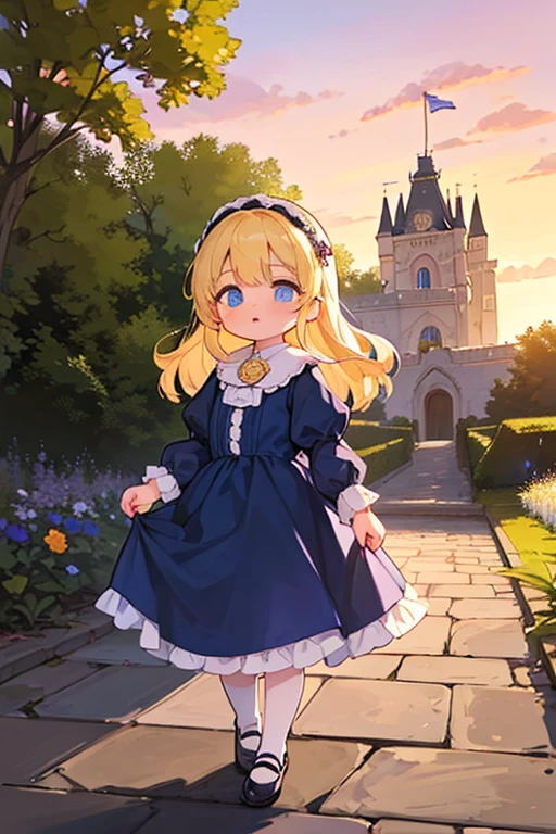 Virginia Otis,Very young ，1 person， (blonde, blue eyes), thin, Cute Face, An evening stroll at Canterville Castle (novel「The Canterville Ghost」Inspired by). 1887, Victorian Dark Fantasy，dusk，Beautiful sunset，Accurate and detailed female fingers，Try on your mom&#39;s high heels，