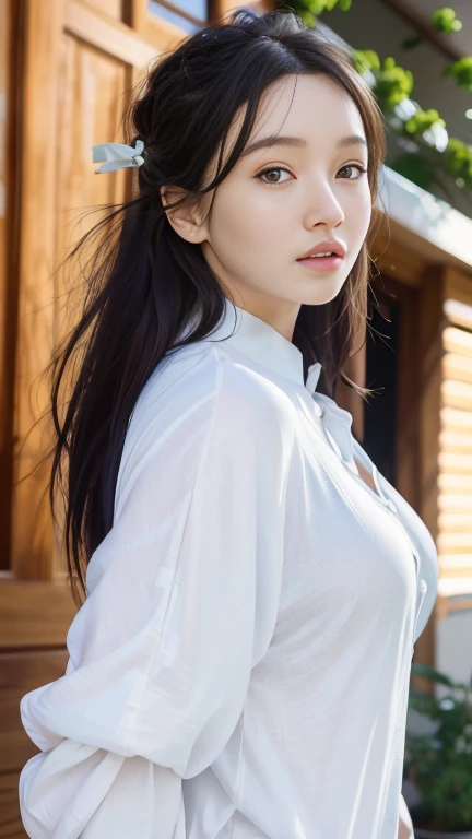 ((top quality, 8k, masterpiece: 1.3)), women (full body portrait, front, babydoll wearing, wet clothes, big breasts, cleavage), sunset, cocktail, relaxed pose, overhead camera, sharp focus: 1.2, cute women: 1.4, (((hairstyle random)), wet hair, very detailed face and skin and hair texture, detailed eyes, double eyelids, white skin, beautiful delicate nose, Cute young Japan woman, 28 years old, at a dynamic angle, is pleasing to the eye and suggestive composition, emphasizing the subject's hair, eyes, mouth and action, while exuding melancholy emotions characterized by a contrasting mix of muted tones and light and shadow,