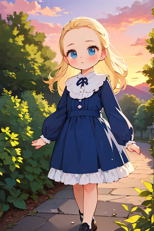 Virginia Otis,Very young ，1 person， (blonde, blue eyes), thin, Cute Face, An evening stroll at Canterville Castle (novel「The Canterville Ghost」Inspired by). 1887, Victorian Dark Fantasy，At dusk，Beautiful sunset，Accurate and detailed female fingers，turn around，Try on your mom&#39;s high heels，
