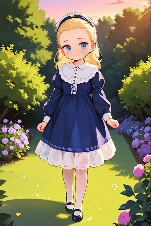 Virginia Otis,Very young ，1 person， (blonde, blue eyes), thin, Cute Face, An evening stroll at Canterville Castle (novel「The Canterville Ghost」Inspired by). 1887, Victorian Dark Fantasy，At dusk，Beautiful sunset，Accurate and detailed female fingers，turn around，Try on your mom&#39;s high heels，
