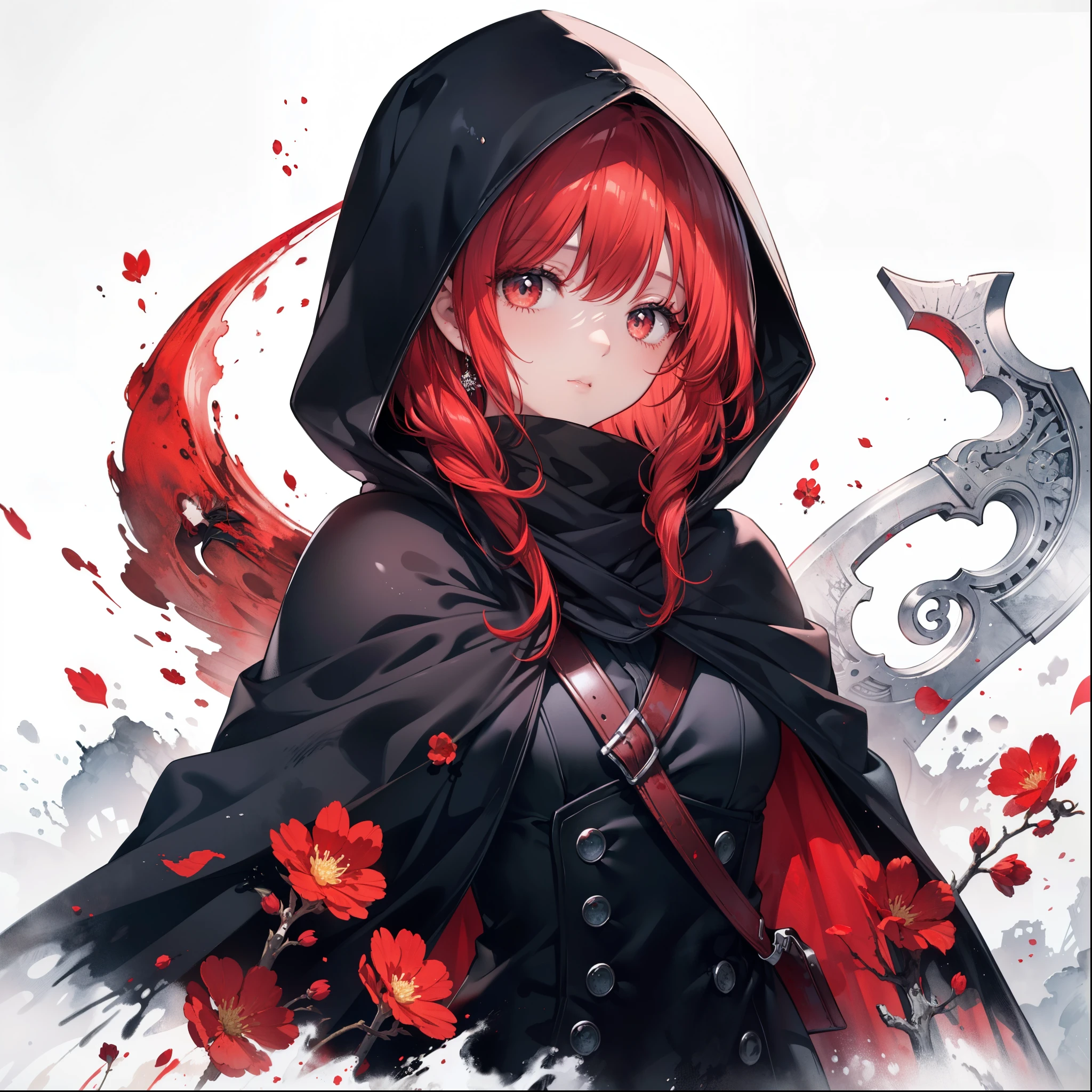 high quality, masterpiece, Delicate hair, Delicate eyes, Delicate hair, ((masterpiece, 最high quality)), high quality, masterpiece, Delicate hair, Delicate eyes, 1girl,(red hair)),red eyes,萝,long hair,(loose long hair),((black cloak)),(cape hood),(red scythe),scarf,red moon on the sky,night,floating red flowers falling,upper body,ruins,intense shadows,ash,fire,ice,((Ink wash painting)),((ink splashing)),((color splashing)),