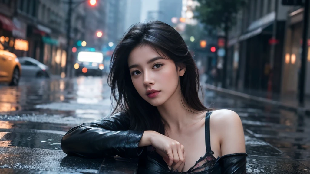 (RAW shooting, Photoreal:1.5, 8K, highest quality, masterpiece, ultra high resolution), perfect dynamic composition:1.2, Night street corner of a modern city, look up at the sky:1.3, (((Typhoon heavy rain))), Highly detailed skin and facial textures:1.2, Slim office lady wet in the rain:1.3, sexy beauty:1.1, perfect style:1.2, beautiful and aesthetic:1.1, Fair skin, very beautiful face, water droplets on the skin, (rain drips all over my body:1.2, wet body, wet hair:1.4, wet office skirt:1.2, wet office lady uniform:1.3), belt, (Medium chest, Bra is sheer, Chest gap), (look of resignation, embarrassing smile, The expression on your face when you feel intense caress, Facial expression when feeling pleasure), (beautiful blue eyes, Eyes that feel beautiful eros:0.8), (Too erotic:0.9, Bewitching:0.9), cowboy shot, Shoulder bag, necklace, earrings, bracelet, clock