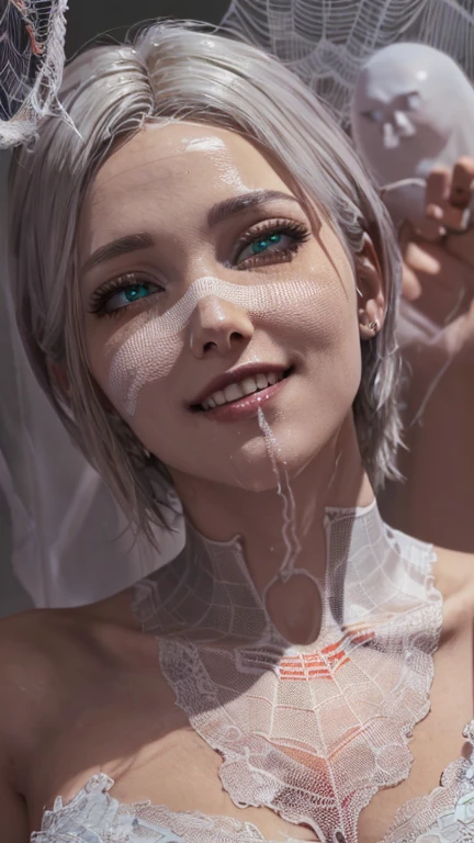 portrait, close-up, upper body. Short, White hair, glowing green eyes, white dress, cheerful smile, happy girl . (masterpiece, top quality, best quality, official art, beautiful and aesthetically pleasing:1.2), extremely detailed,(fractal art:1.2),Colorful,The most detailed, (dynamic pose), (ghost background:1.5), (lots of cobwebs:1.4). ((SPLIT. Skin texture, chalk white skin. elegance. photorealism. unreal engine. 3D model. Ultra high quality textures. high detail. permission 8k))