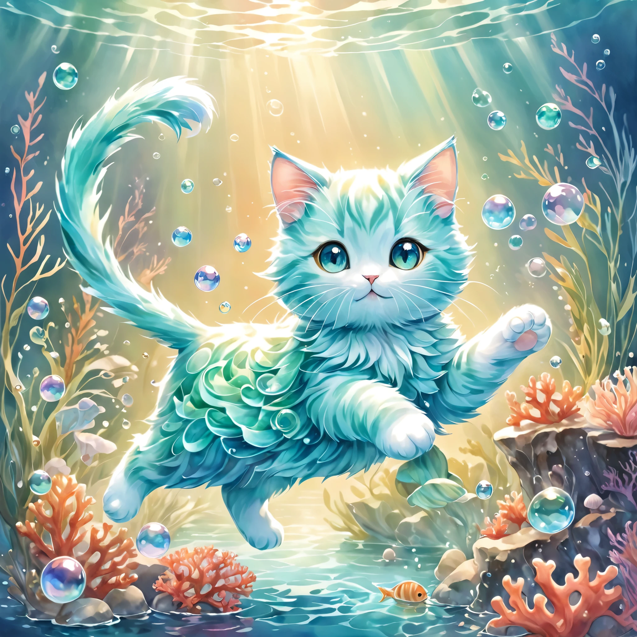 (A cute cat genie with a translucent blue body, resembling flowing water, floats gracefully in the air. Small seashells and coral adorn its ears and tail, and half of its body is made of soft, swirling mist. The cat’s eyes sparkle with playful mischief as it swirls around, creating magical art with bubbles and shimmering seafoam. The background is a dreamy, underwater world with soft light filtering through the water, highlighting the gentle waves and floating seaweed. The atmosphere is whimsical, magical, and serene, with glowing sea creatures adding a touch of mystery.: Cute World),Color pattern using gentle colors,(Ink drawing on Japanese paper,Bleeding easily),(Contemporary art like a picture book),(Transparent watercolor),(Light itself is expressed as reality),(Soft layer,rich colors),(Water-diluted paint colors),(deep,Delicate colors)