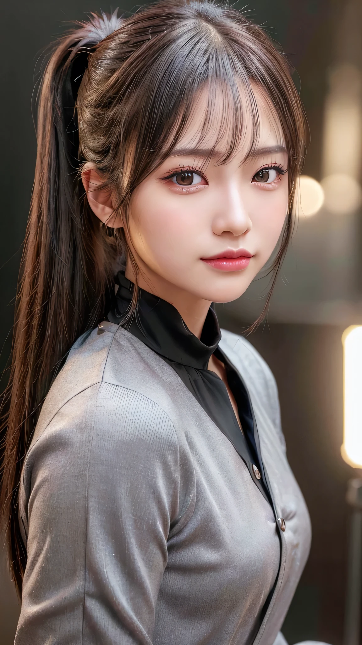 The background is all Grey,Long expensive Black dress,Commercials for luxury cosmetics style,Commercial filming studio,Commercial filming studio,Close up Face,Ultra-detailed, finely detail, hight resolution, 8K Wallpaper, Perfect dynamic composition, Beautiful detailed eyes,,Close-up of face,,Blushing,Facing forward,Long hair ponytail,((8K, Original photo, Best Quality, Mastepiece:1.2), (Realism, Photorealistic:1.4), (Highly detailed 8k wallpaper), Depth of written boundary, Cinematic Lighting, Soft Light, Detailed Beauty Eye,Shiny and smooth light brown ponytail, Asymmetrical bangs, Shiny skin, Ultra-detailed skins ,It is high resolution., High detail, Detailed hairstyle, Detailed facial beauty, Hyper-realistic, Perfect limbs, Perfect Anatomy ,Japanese,Famous Japanese Idols, Perfect female body,A shy smile,Short eyelashes,Double-edged eyelids,Look straight here,Hair style: ponytail,