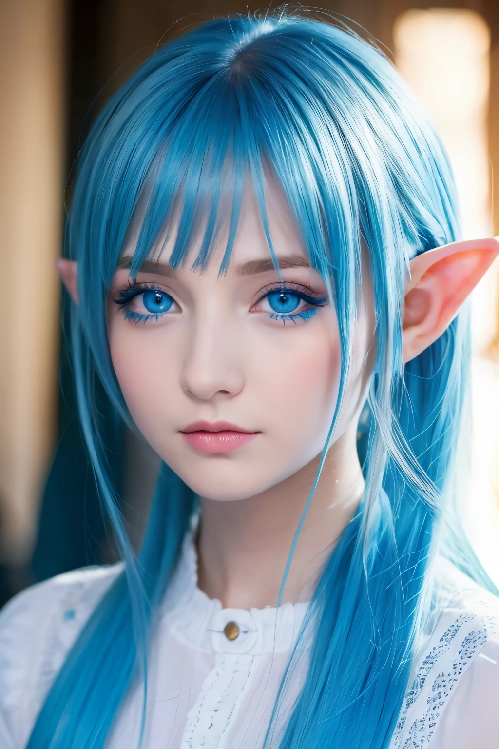 A closeup of a woman with blue hair and horns on her head, Cosplay de garota de anime, anime girl in real life, anime-inspired, cosplay de anime, ornate cosplay, role model | artgerm, cosplay realista, she has elf ears and gold eyes, cosplay glamoroso, cosplay, beautiful and elegant demon queen, beautiful young cat, cute succubus, Overview