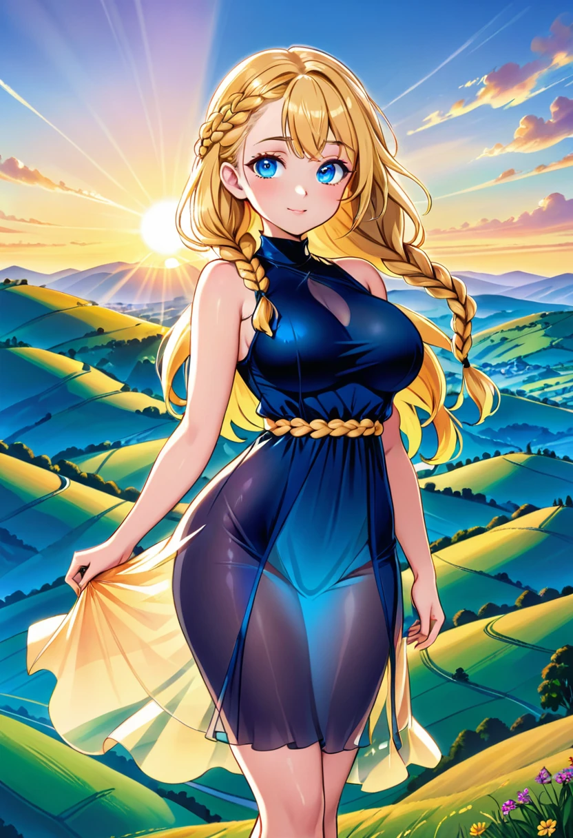 One beautiful waifu standing on a hill top, looking at the viewer, wearing see through dress, braided hair, blue eyes, petite curvy body, blonde hair. In the background the sun is setting over a hilly landscape. Vibrant colors, best quality.