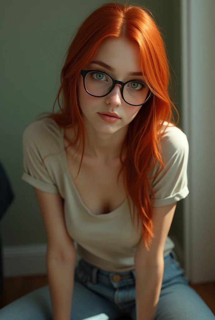 ponytail hairstyle, full body,(open secretary shirt:1.4) and bra , large , freckles, realistic skin pores, moles, Polaroid, Kodak portra 400, dof 24mm, analog phot, 25 y.o. (wavy copper ponytail red hair:1.4) nerd girl, innocent nerd, pale skin, nerd glasses, tattoo, teddybear, polaroid style, photo realistic, masterpiece, realism, dorm room,  acne, sitting in front of her pc