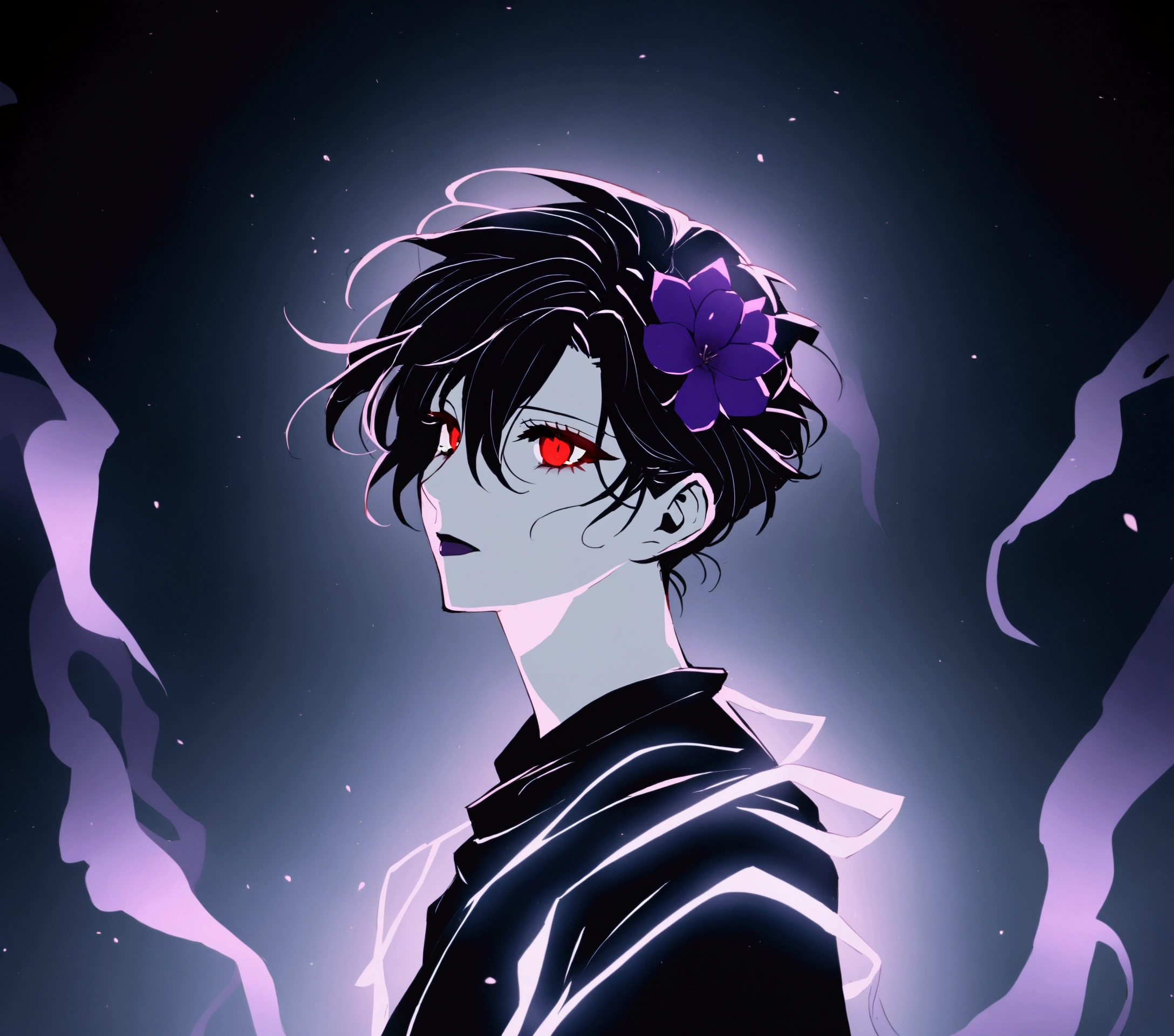 A beautiful anime-style girl with short hair and a purple flower, A beautiful girl with a black background, A beautiful immoral girl in a provocative black dress, ghost, Undead, red eyes