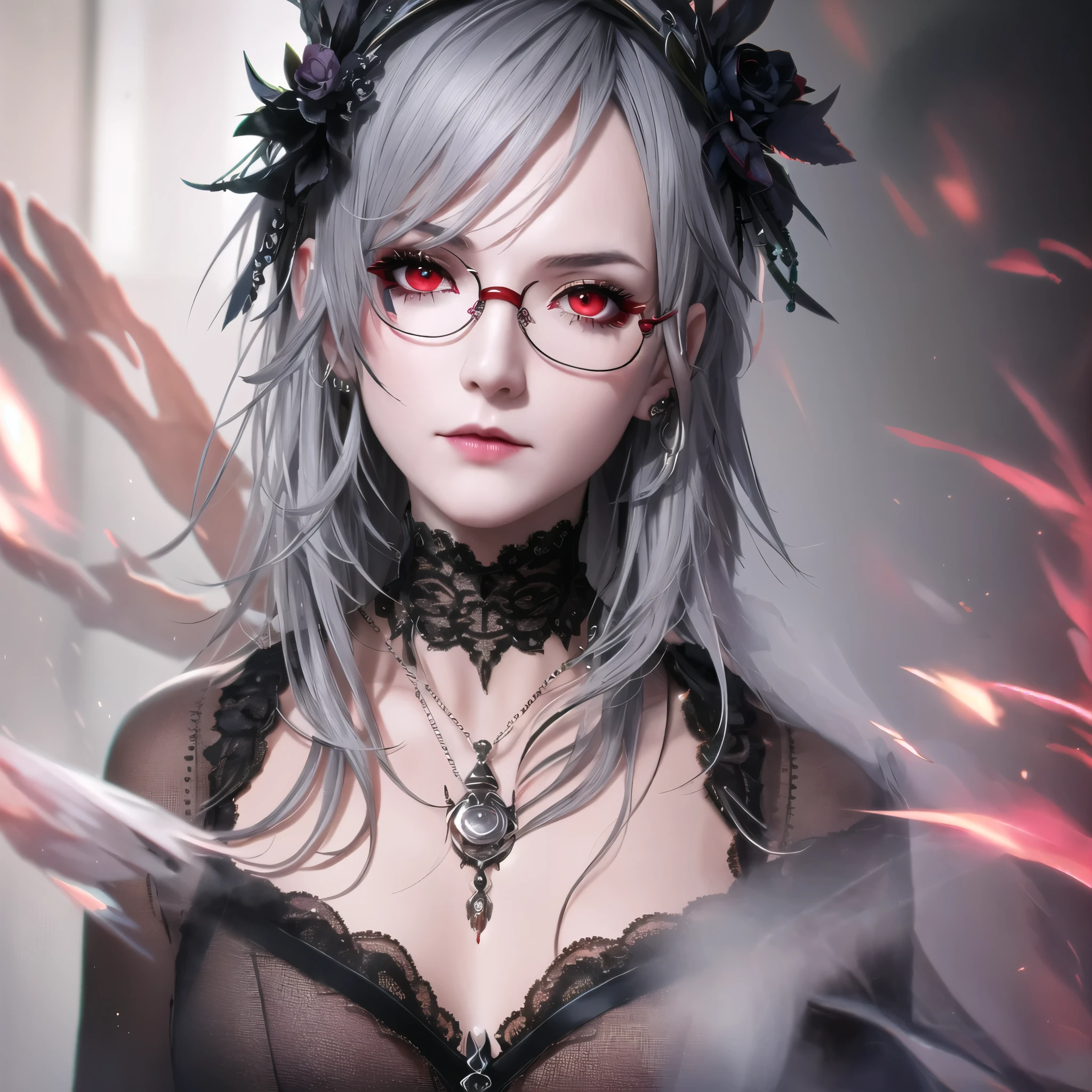 Surreal, RAW Photos, 8k, masterpiece,
One girl, (Alone:1.4), Goth Girlfriend,
Grey Hair, Updo, Hair falling on face, Red eyes, mascara, Sagging under the eyes, saggy , Clevis, Choker, Detailed Texture, Fine lace,Glasses