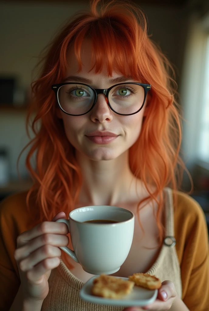 white skin woman over 40s, long hair cruly dark red , cacheado blackw, rounded face, Prominent cheeks, red colored enlarged lips, lightbrown eyes, Wearing prescription glasses, blackw, holding a a cup of coffee, nice boobs