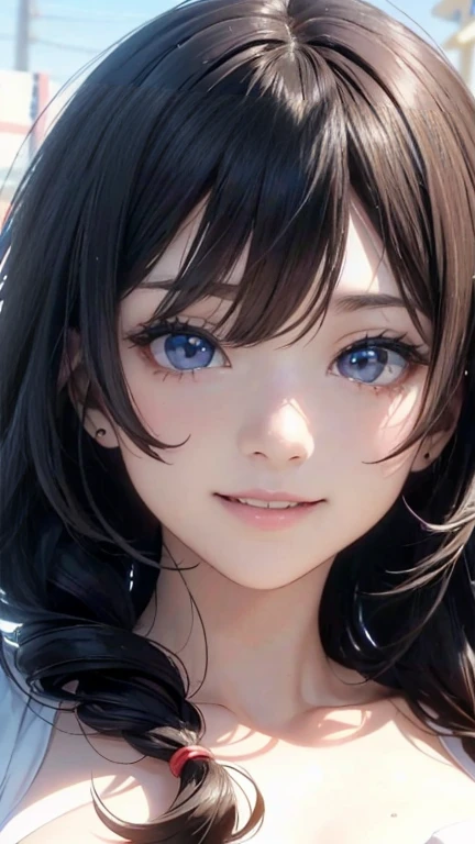 (Highest quality、masterpiece、High resolution、detailed), (Realistic skin texture:1.3), (detailedな目、Beautiful Face), 1 female, Black Hair, Blue Eyes, Delicate face, cute, Love Earrings, She is wearing a low-neck short-sleeved T-shirt and a black bra, Playful, Ultra HD, masterpiece, Highest quality, Super Detail, Accurate, 3D Anime Real,, rtrophto1