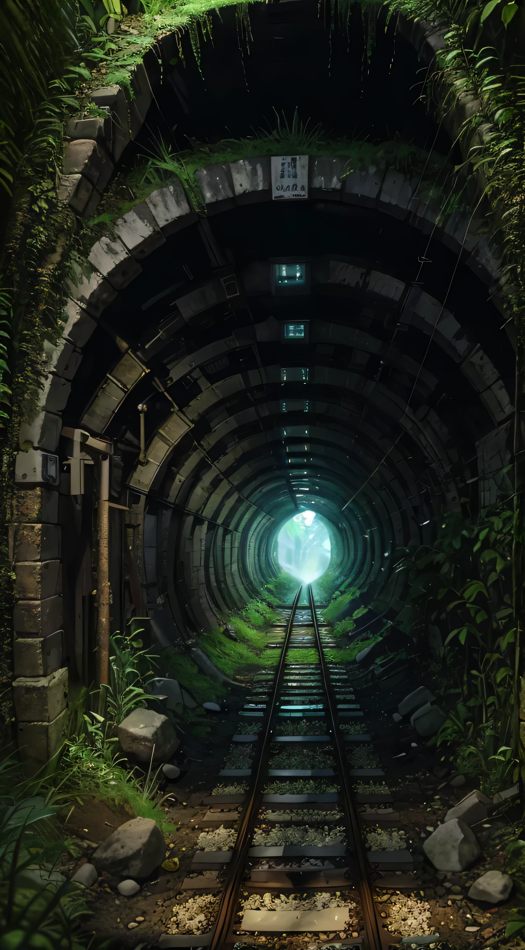 a close up of a train track going through a tunnel, dark train tunnel entrance, tunnels lead to different worlds, tunnel, light at the end of the tunnel, train in a tunnel, inside the tunnel, abandoned railroads, high walled tunnel, the tunnel into winter, abandoned railroad, stood in a tunnel, tunnels, entrance to a dark tunnel, grin face, young, (Masterpiece), ((Blue skin)), (best detail), digital art, (best qualtiy), Cinematic texture, ((Avatar style)), beautiful pupil, The background is jungle, the rainforest, big leafs